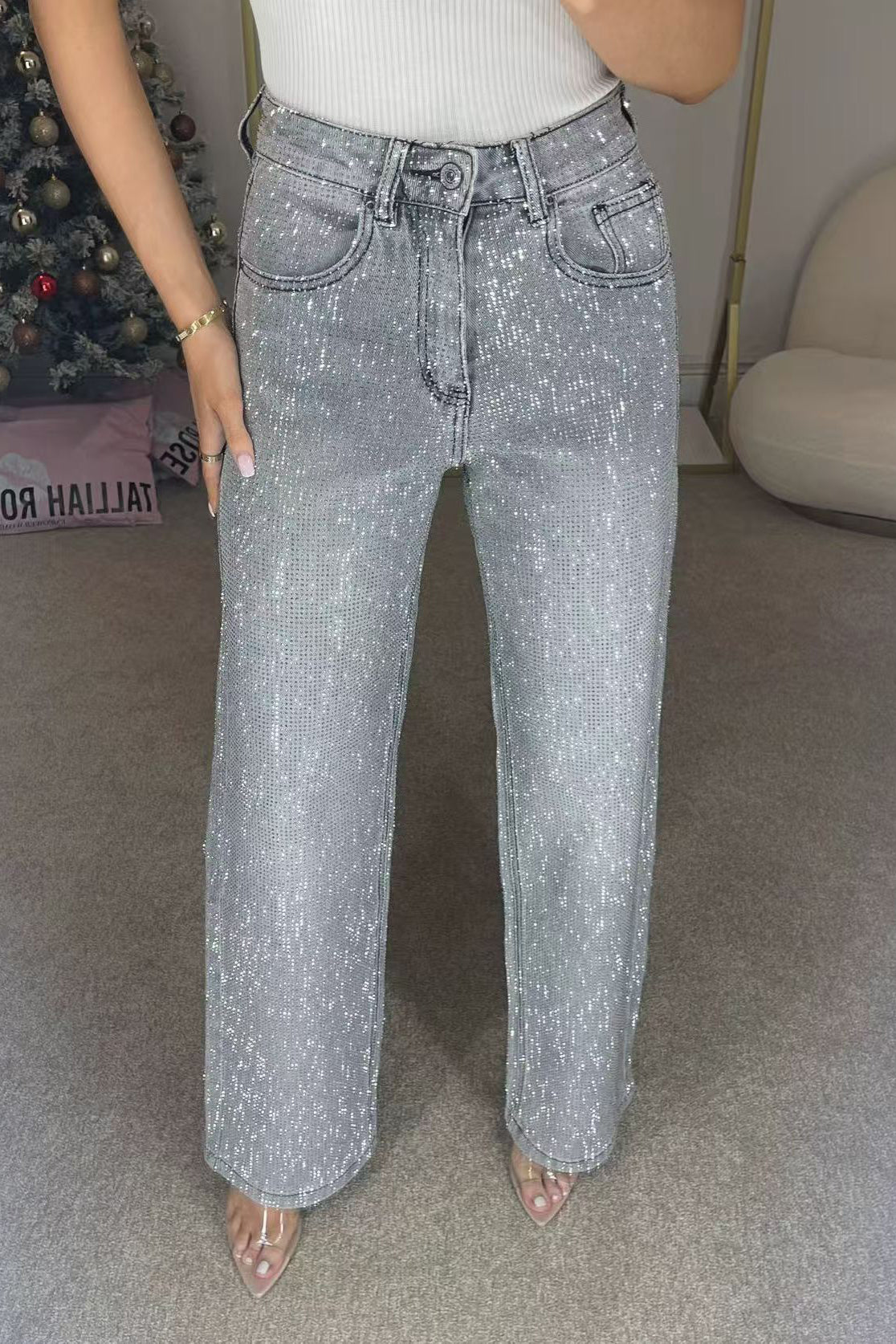 Fashion Sparkling Full Rhinestone Washed Jeans