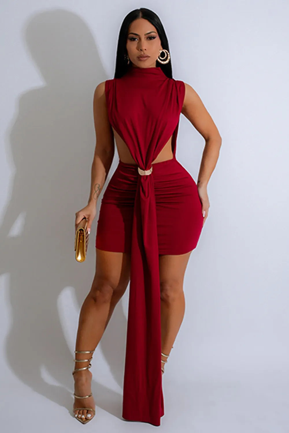 Mock Neck Sleeveless Long Streamer Ruched Bodycon Party Mini Dresses-Green