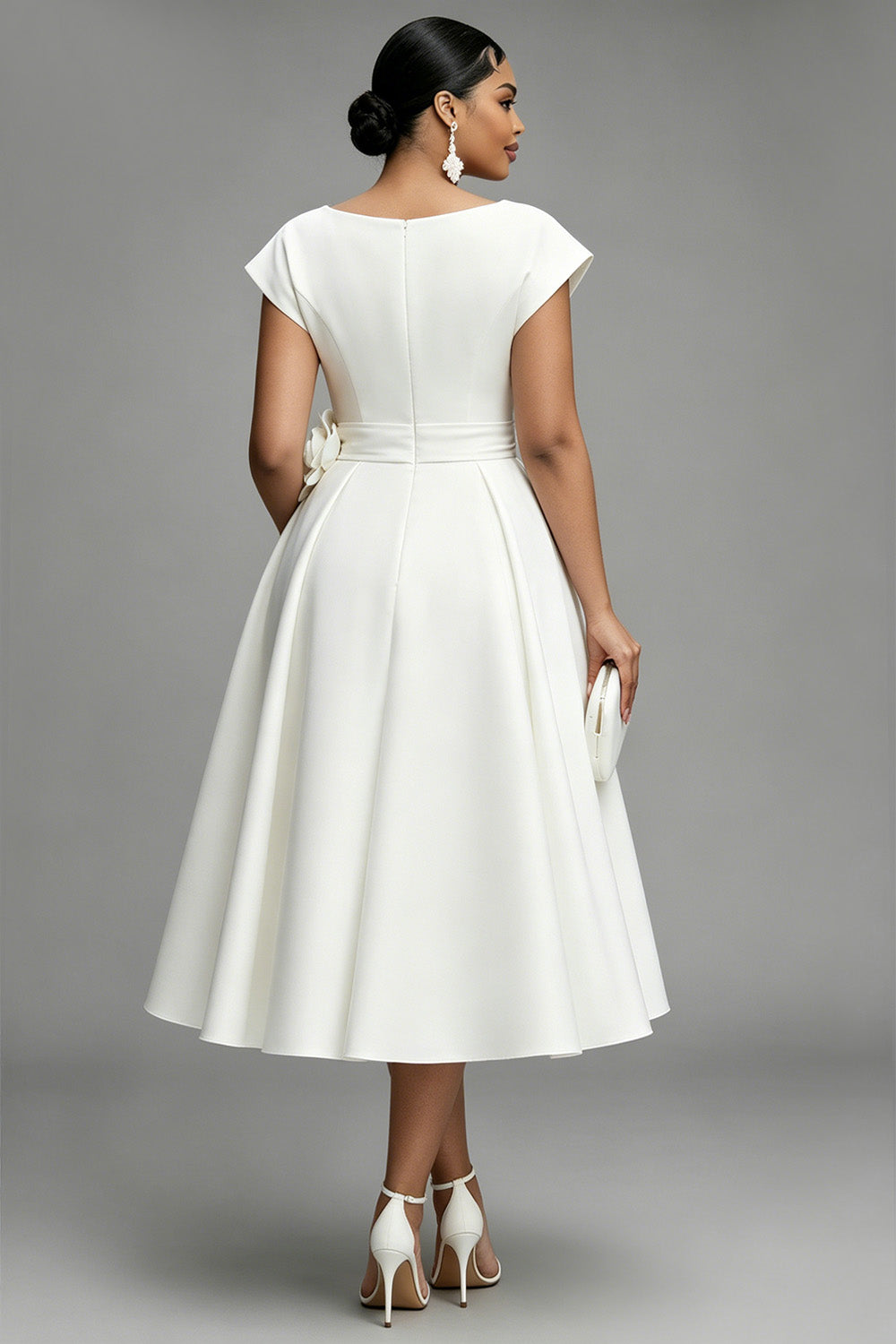 Cocktail Party Elegant White V Neck Pocket Satin Midi Dresses