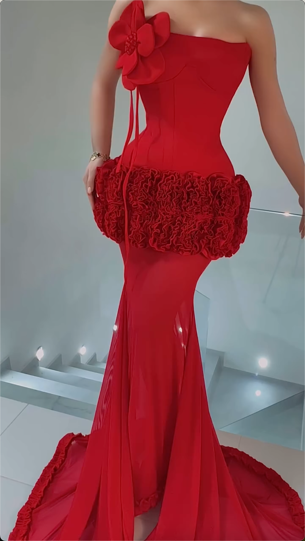 Stunning Red Strapless 3D Flower Ruffle Mermaid Maxi Dress