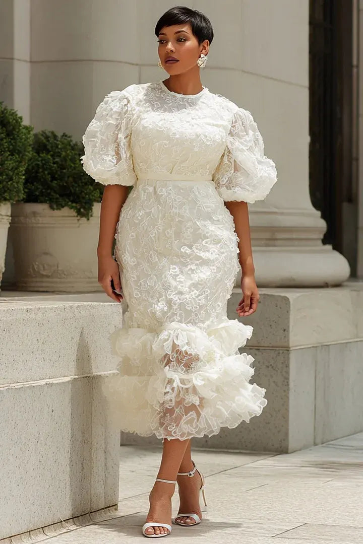 Cocktail Party White Round Neck Puff Sleeve Short Sleeve Ruffle Bodycon Lace Midi Dresses