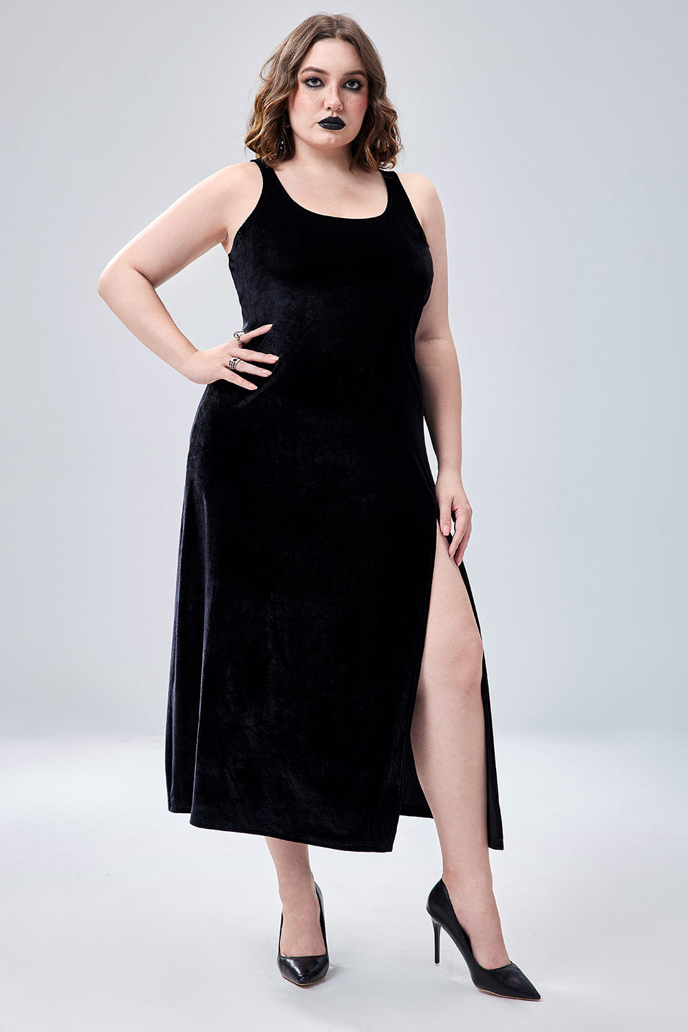 Halloween Costume 1920s Flapper Dress Gothic Square Collar Sleeveless High Split Velvet Midi Dress(Ships 24h)