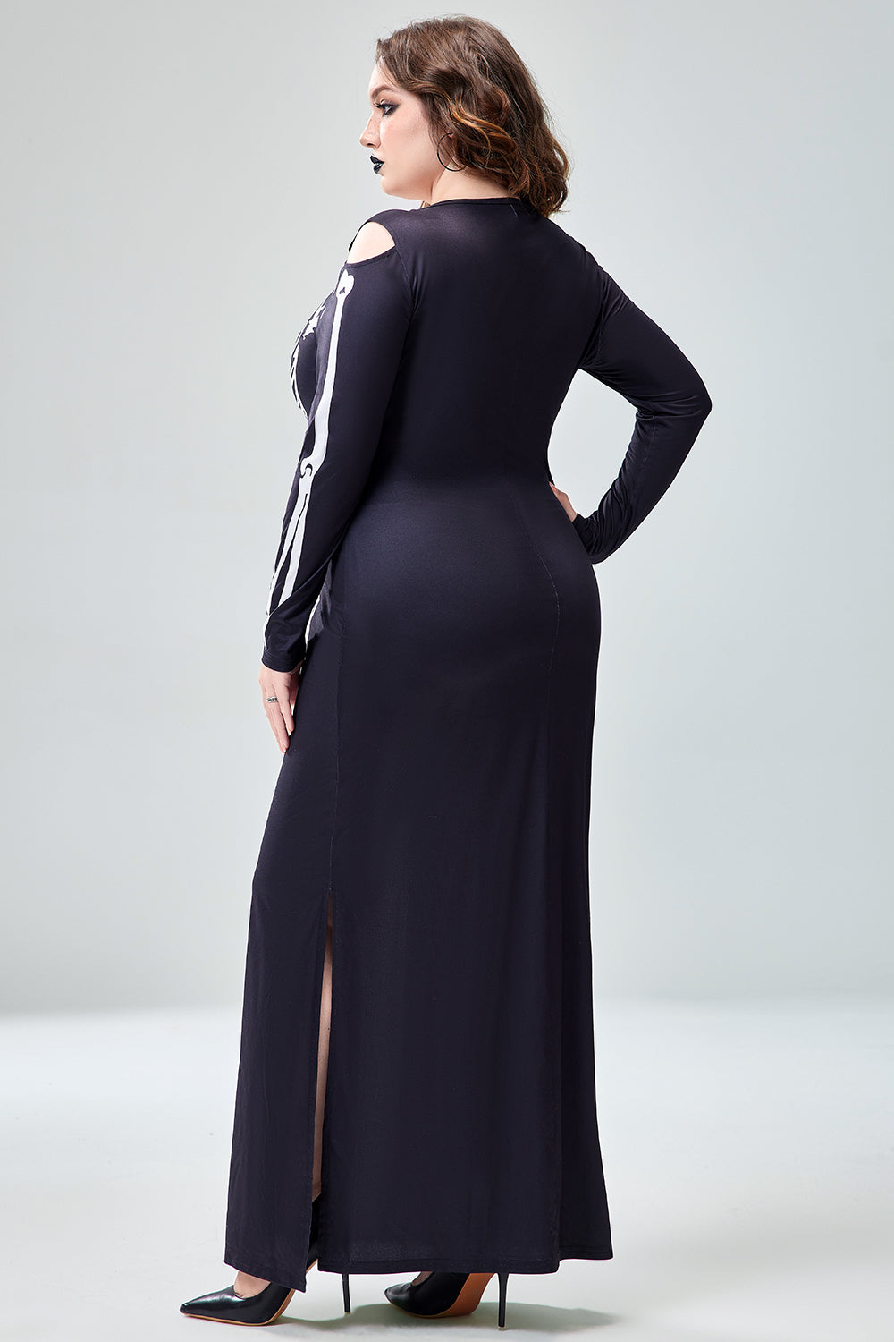Casual Halloween Costume Gothic Black Round Neck Long Sleeve Skeleton Print Knitted Maxi Dress(Ships 24h)