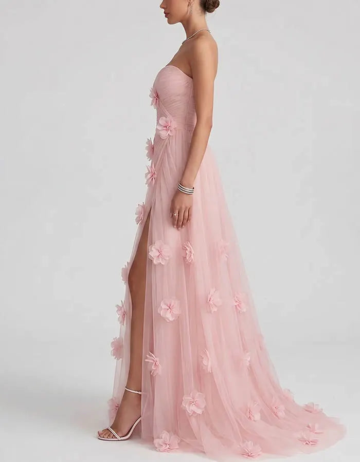 3D Floral Strapless Ruched Tulle A-Line Maxi Dress
