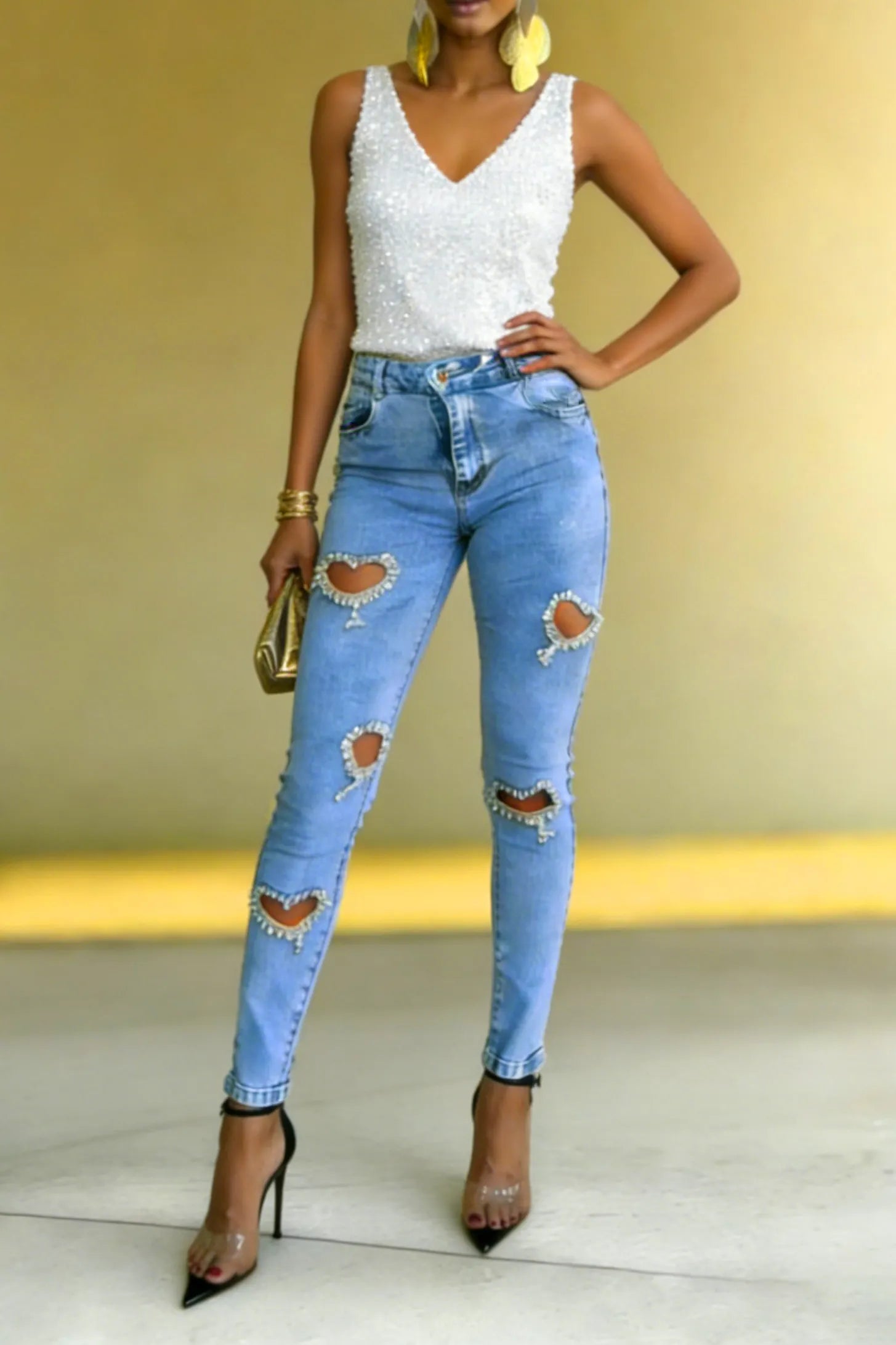 Women's Revival Style Rhinestone Heart-Shaped Cutout Jeans