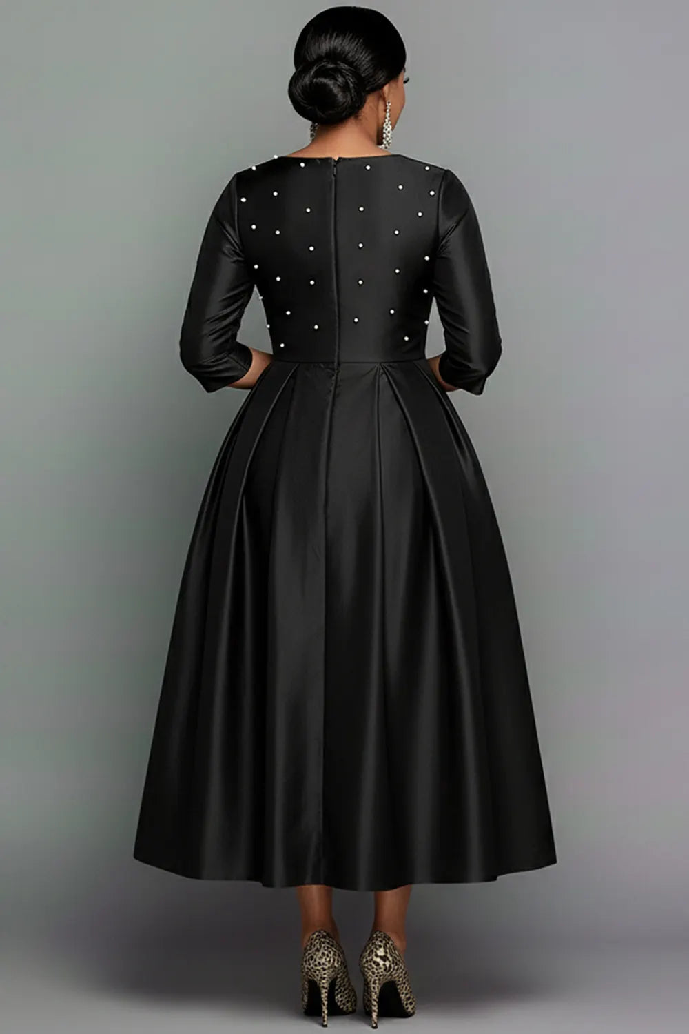 Black Round Neck Long Sleeve Pearls Elegant Pocket Satin Midi Dresses