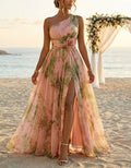 Pink Rose Print Off Shoulder 3d Floral Waist Cinching Chiffon Maxi Dress
