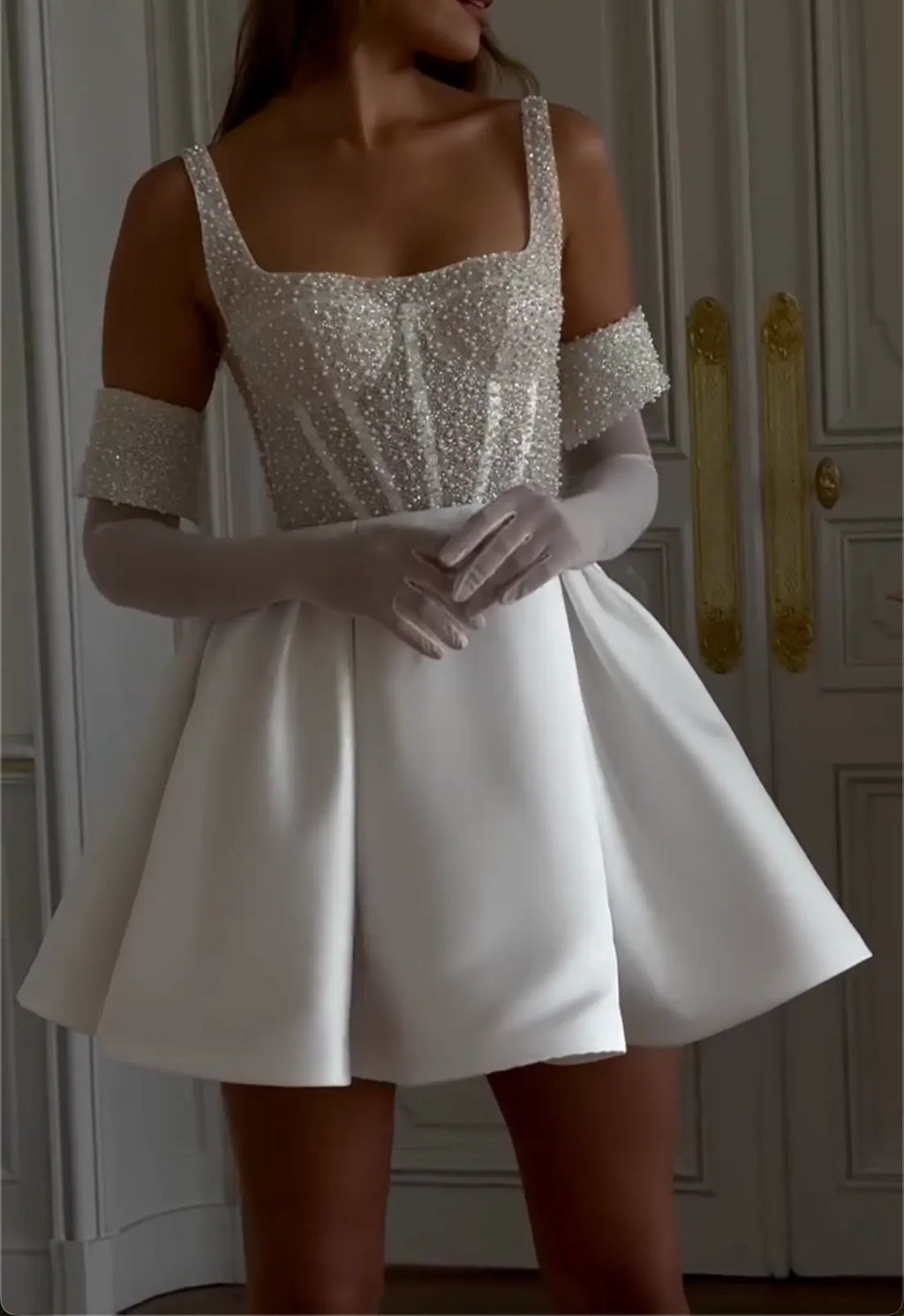White Square Neck Beaded Corset Mini Dress - Satin Formal Cocktail Gown