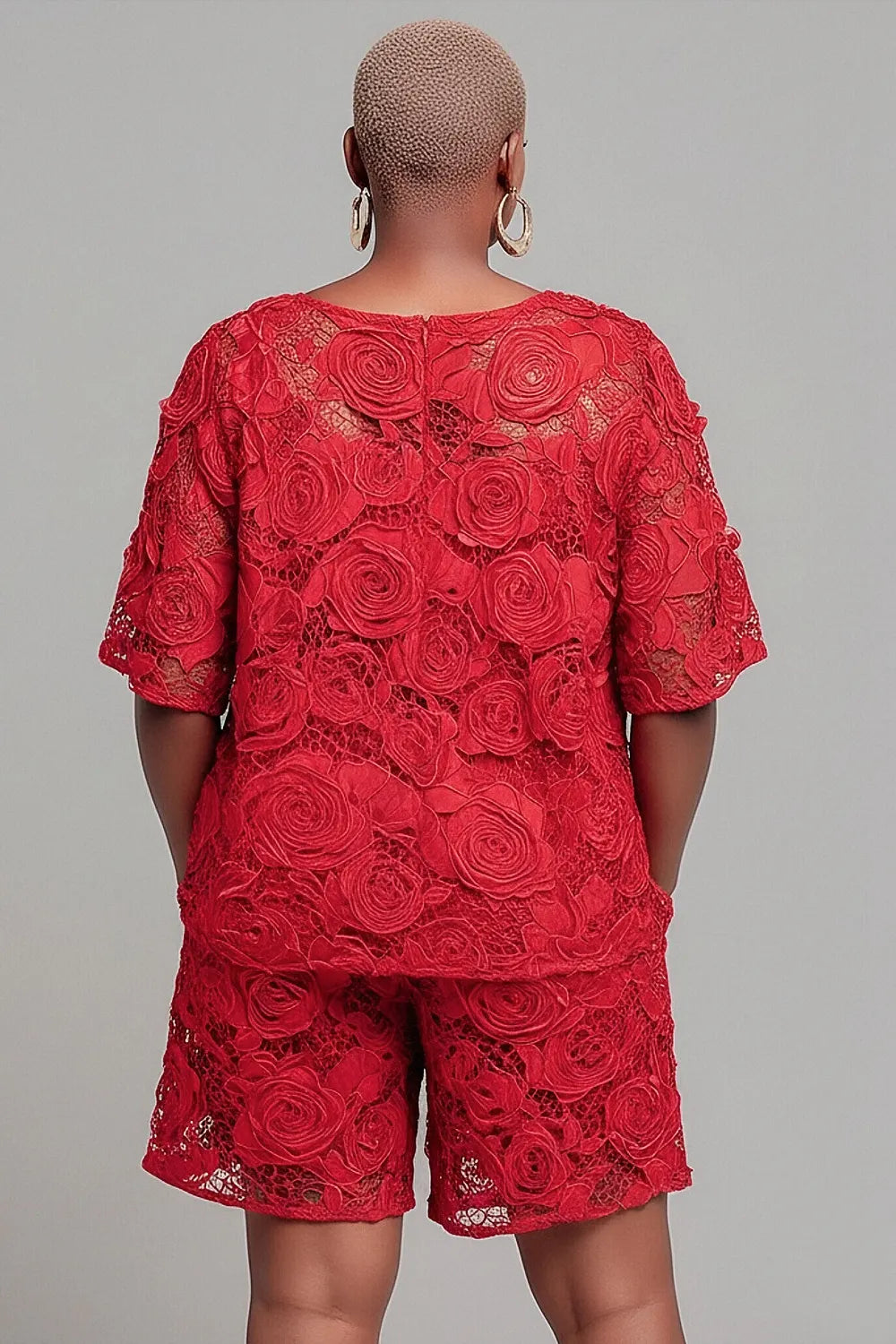 Party Red Round Neck Short Sleeve Pocket See Through Lace Two Piece Short Sets