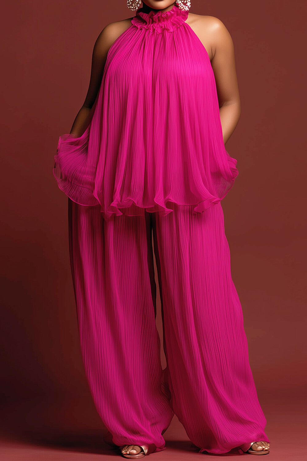 Party Sundress Hot Pink Mock Neck Pocket Wide Leg Chiffon Two Piece Pant Sets
