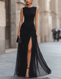 Pure Black Chiffon Round Neck Sleeveless Fitted Waist Slit Maxi Dress