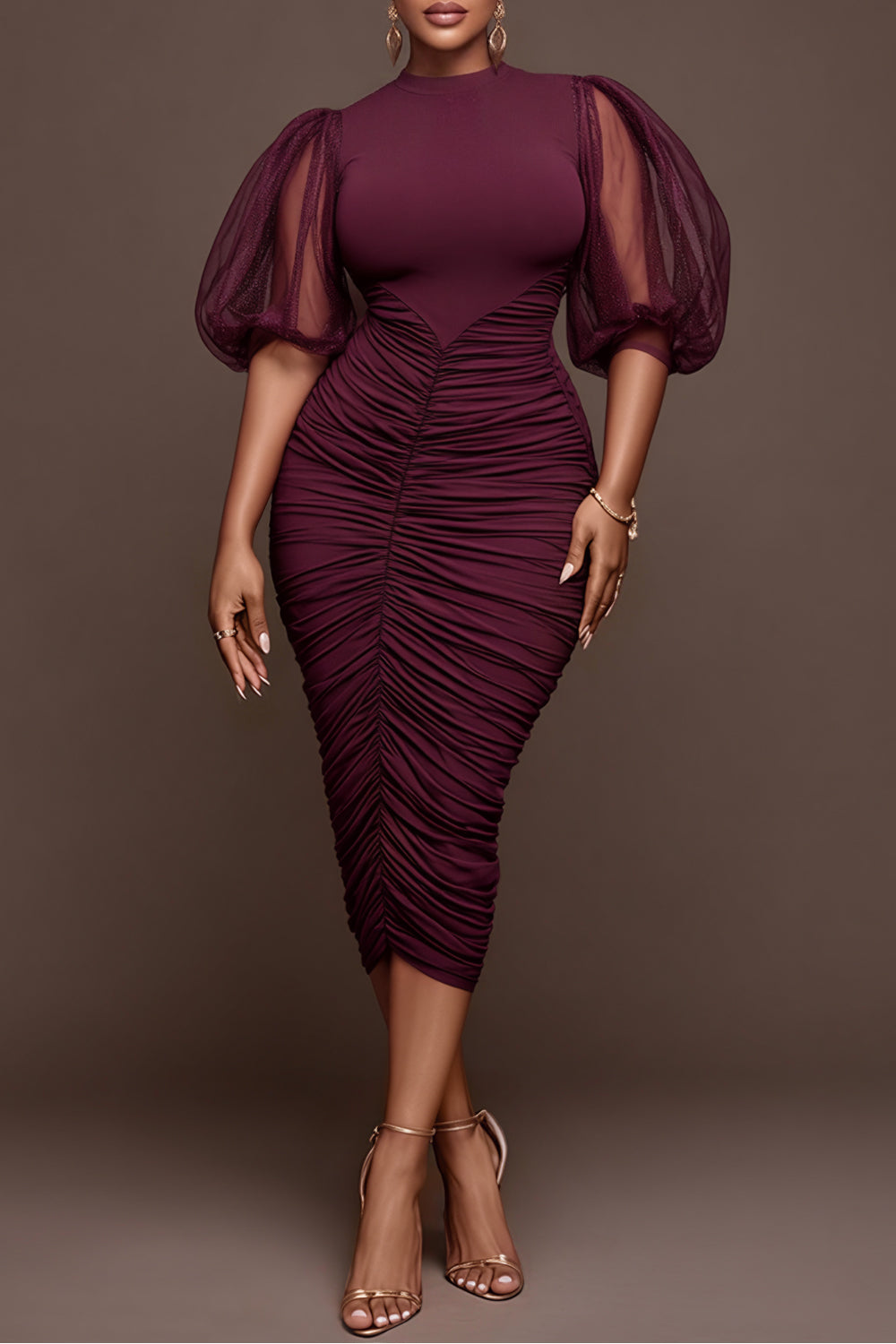 Cocktail Party Burgundy Round Neck Puff Sleeve Short Sleeve Fold Bodycon Tulle Midi Dresses