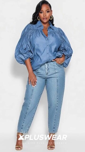 Xpluswear Design Plus Size Business Casual Blue Shirt Collar Lantern Sleeve Half Sleeve Pleated Tencel Denim Blouses