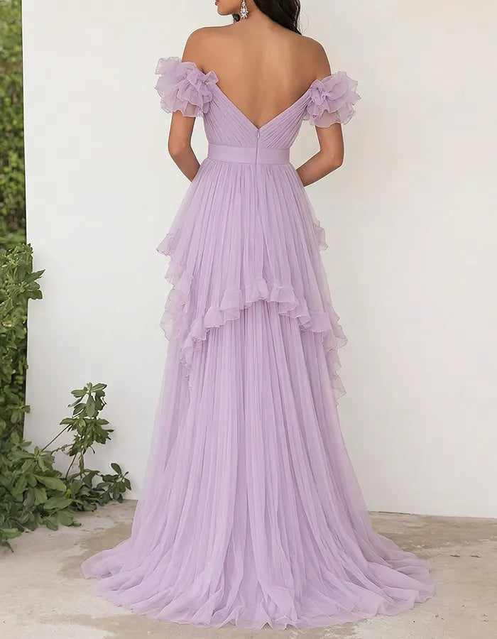 Lavender Off-the-Shoulder Ruffled Chiffon Maxi Dress