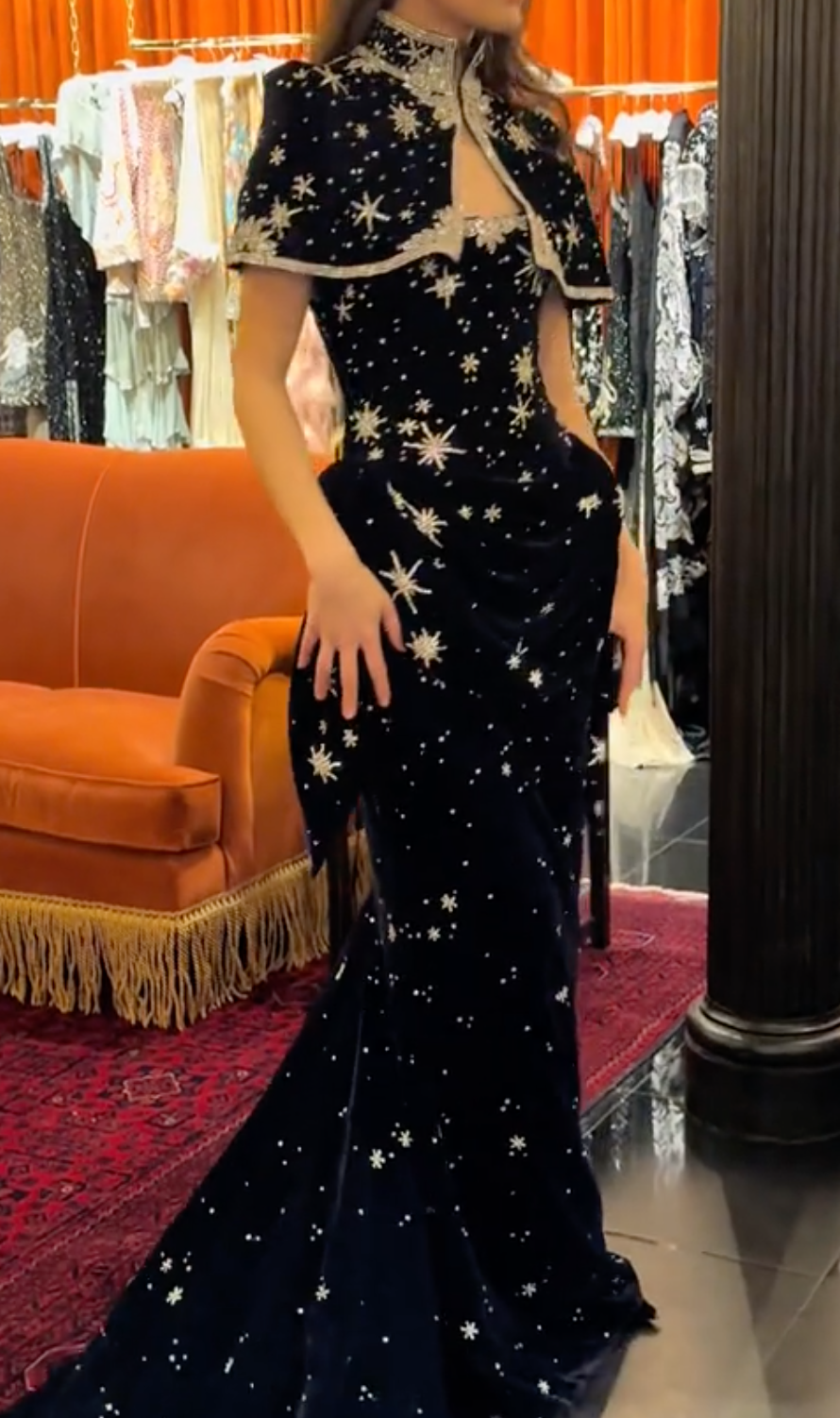 Navy Velvet Starburst Beaded Qipao Mini/Maxi Dress with Capelet Detail