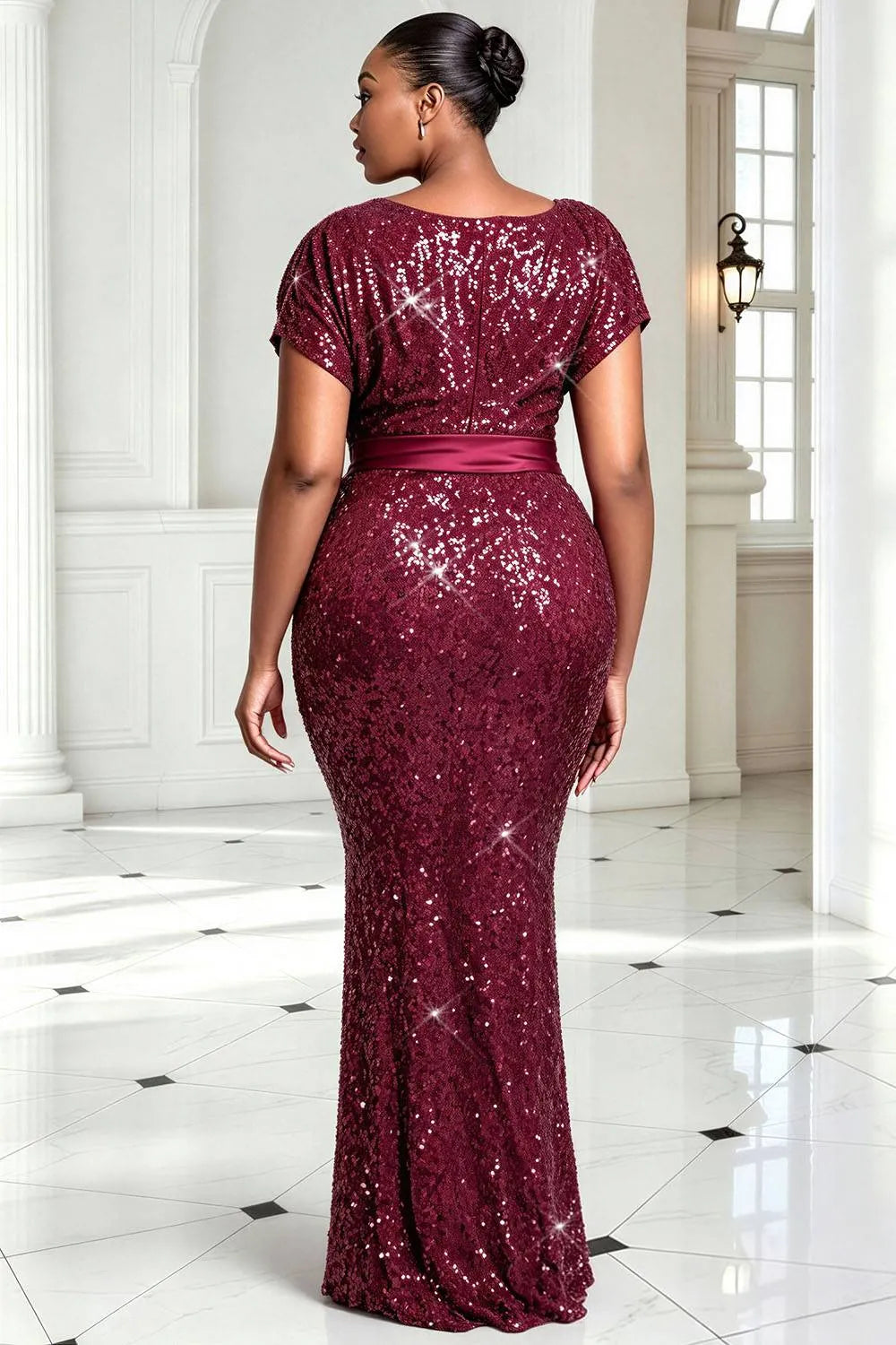 Satin Burgundy V Neck Short Sleeve 3D Contrast Sequin Maxi Dresses [Pre-Order]