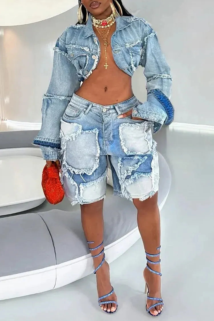 Women's Casual Patchwork Denim Shorts