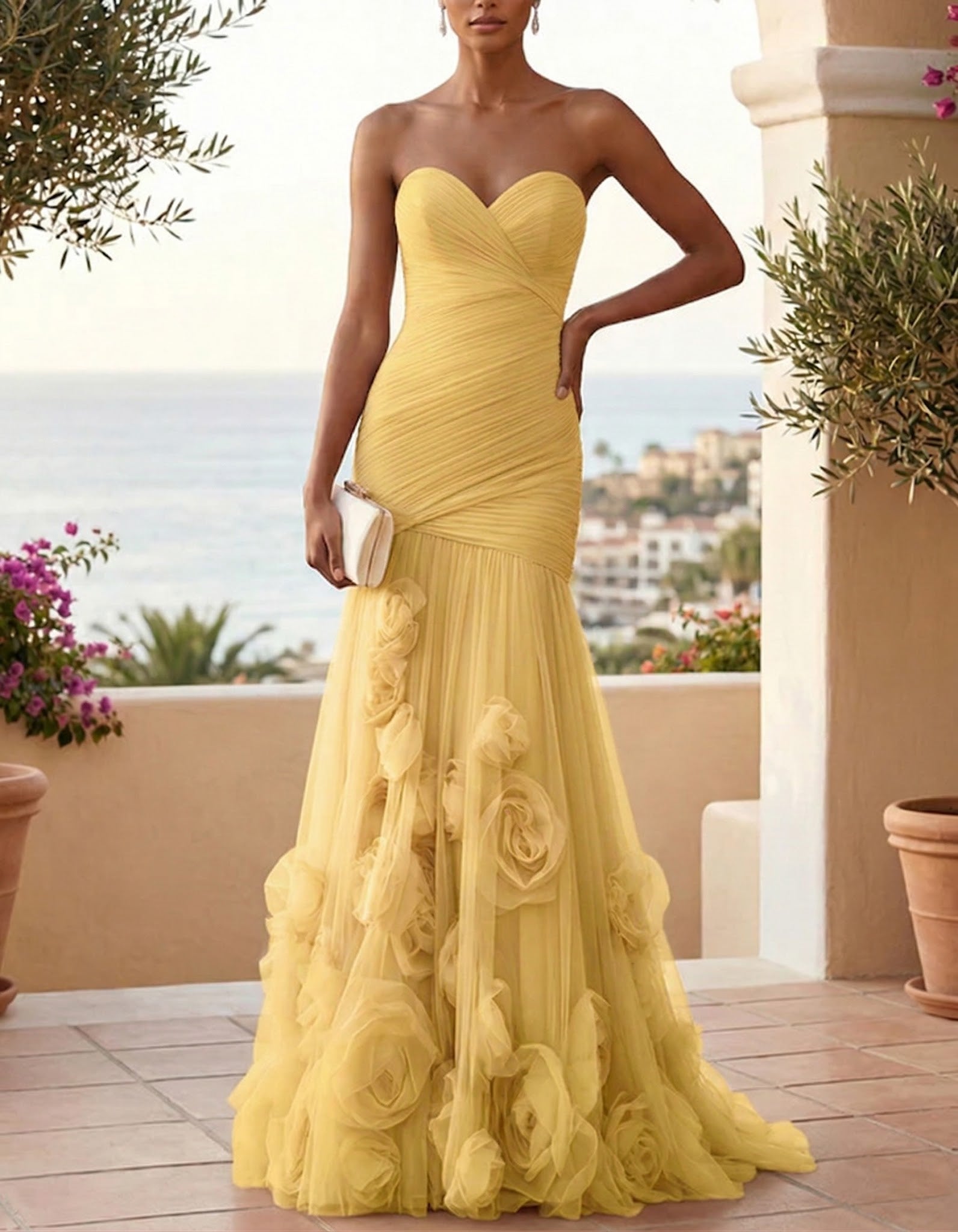 Flesh Pink Chiffon Strapless Ruched Tulle Mermaid Maxi Dress
