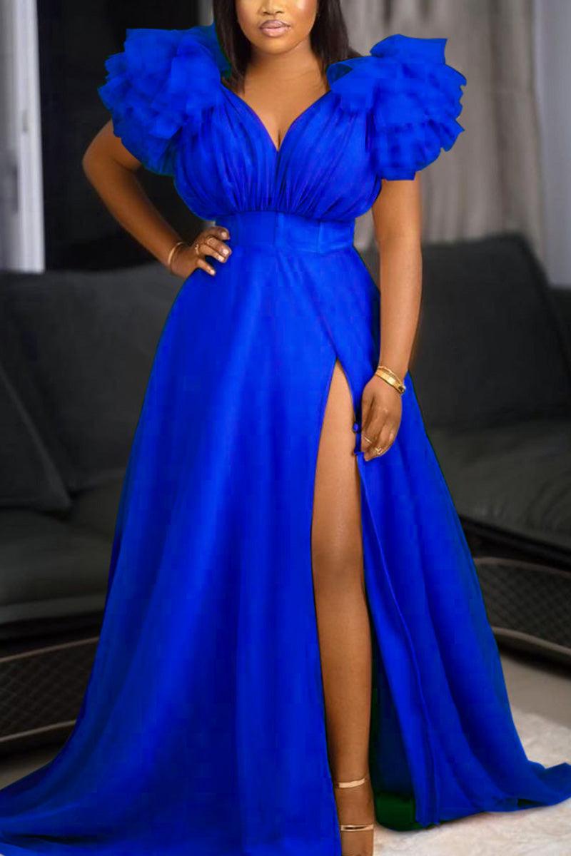 Pink Split Joint V Neck Tulle Ruffle Trailing Maxi Dress