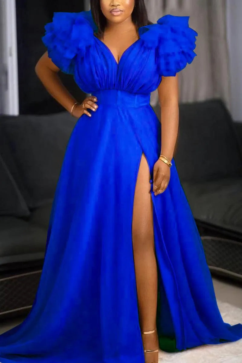 Pink Split Joint V Neck Tulle Ruffle Trailing Maxi Dress