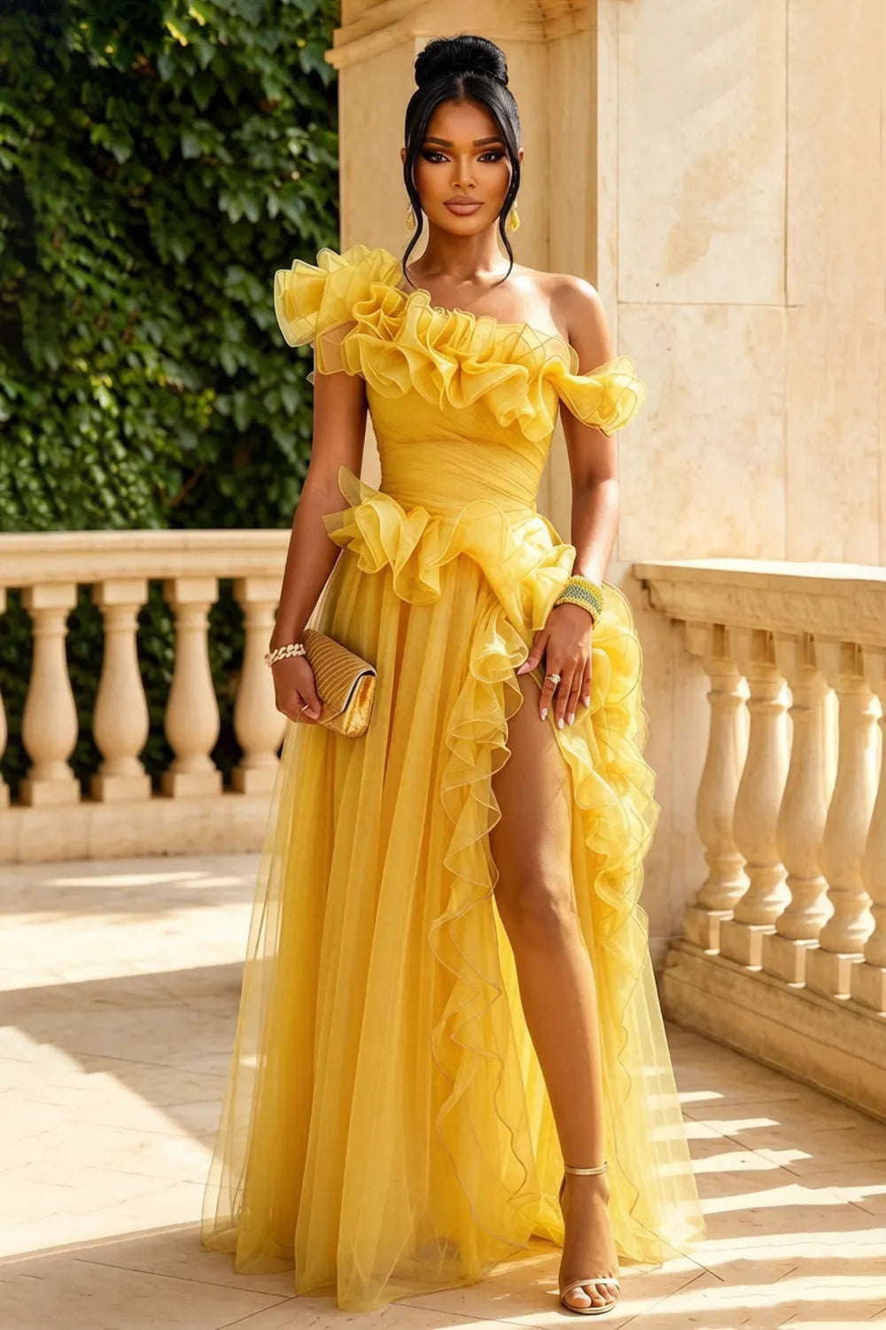 Frilled Trim One Shoulder High Slit Gowns Maxi Dresses-Yellow [Pre Order]