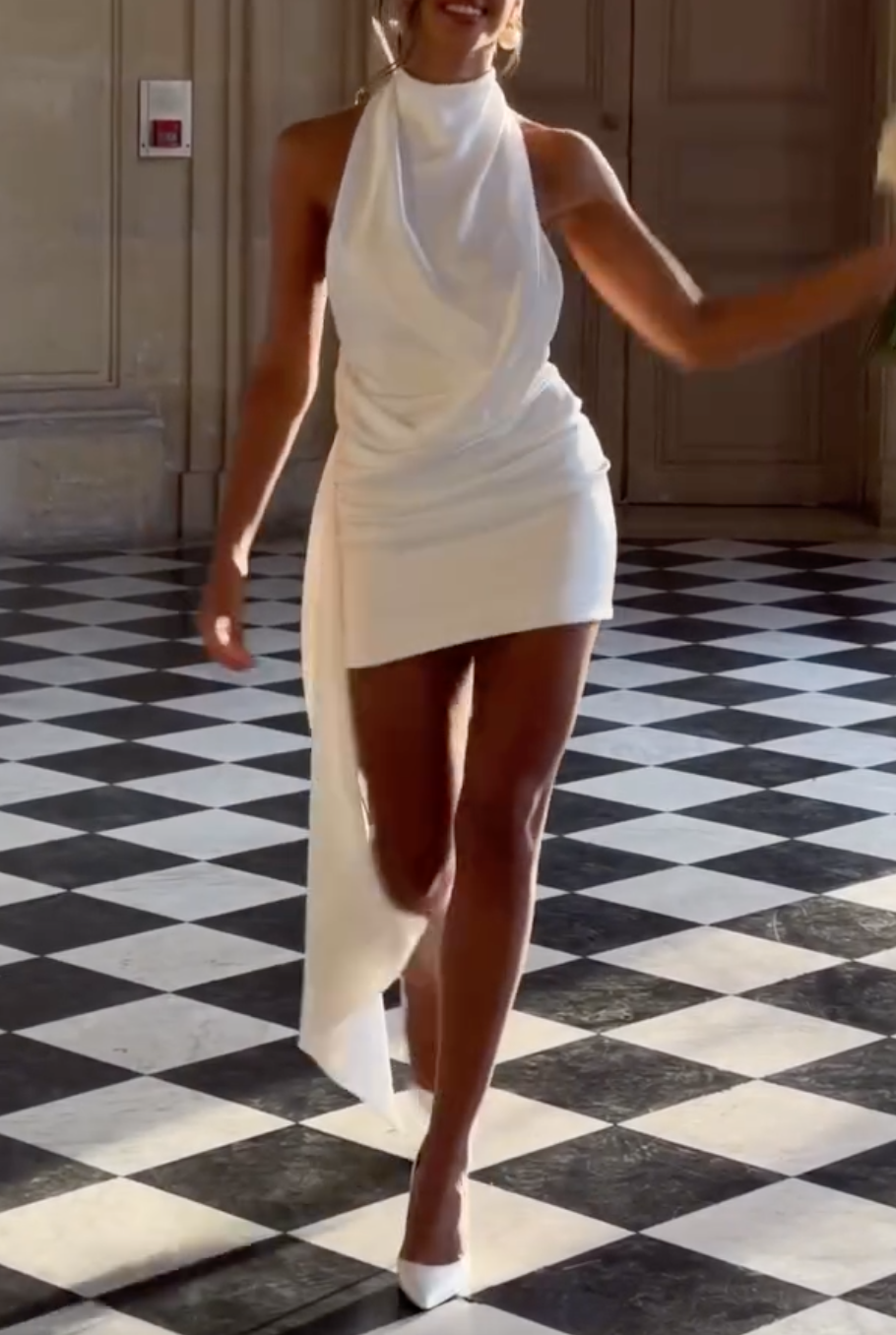 White Halter Neck Cowl Draped Mini Wedding Dress With Flowing Sash