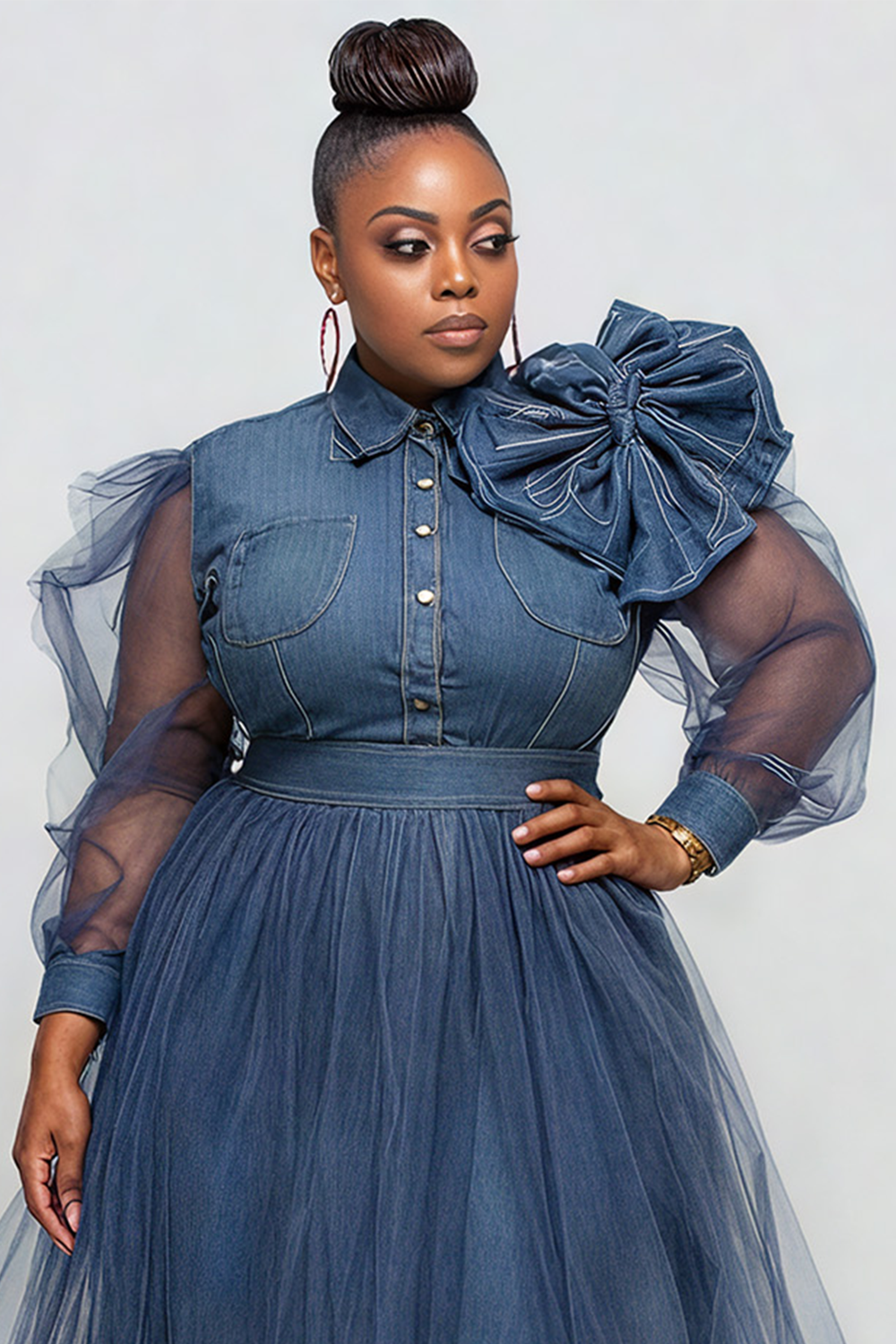 Xpluswear Design Plus Size Semi Formal Tulle Blue Shirt Collar Long Sleeve 3D Elegant See Through Denim Midi Dresses