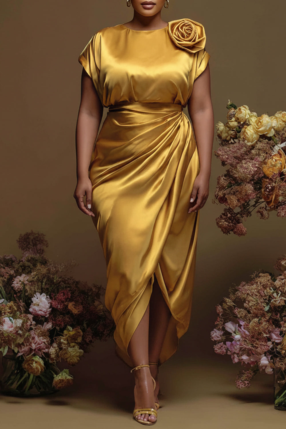 Cocktail Party Gold Round Neck Short Sleeve Fold 3D Satin Maxi Dresses