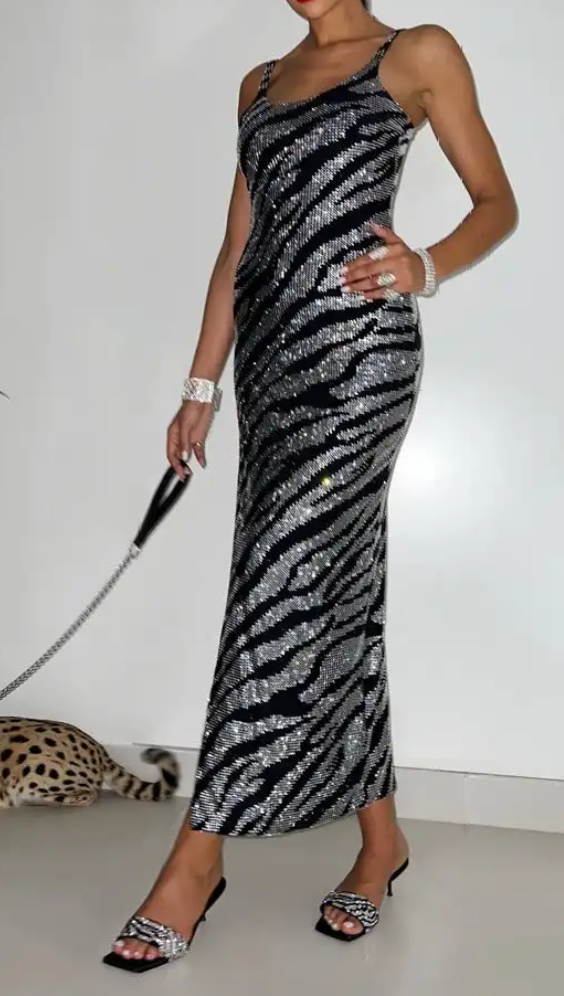 Black & Silver Sequin Zebra Print Spaghetti Strap High-Slit Maxi Dress