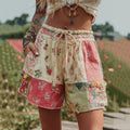 Women's Patchwork Floral Art Waist Drawstring Pocket Shorts