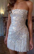 White Iridescent Sequin Mini Dress with Pearl Fringe