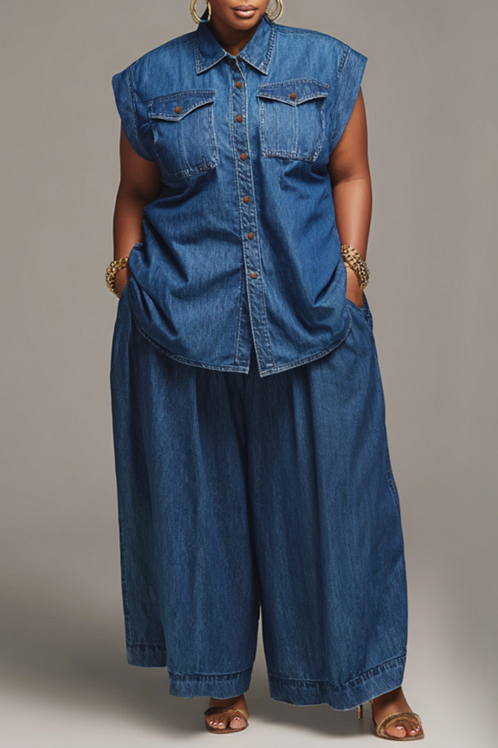 Xpluswear Design Plus Size Business Casual Blue Shirt Collar Pocket Denim Two Piece Pant Sets