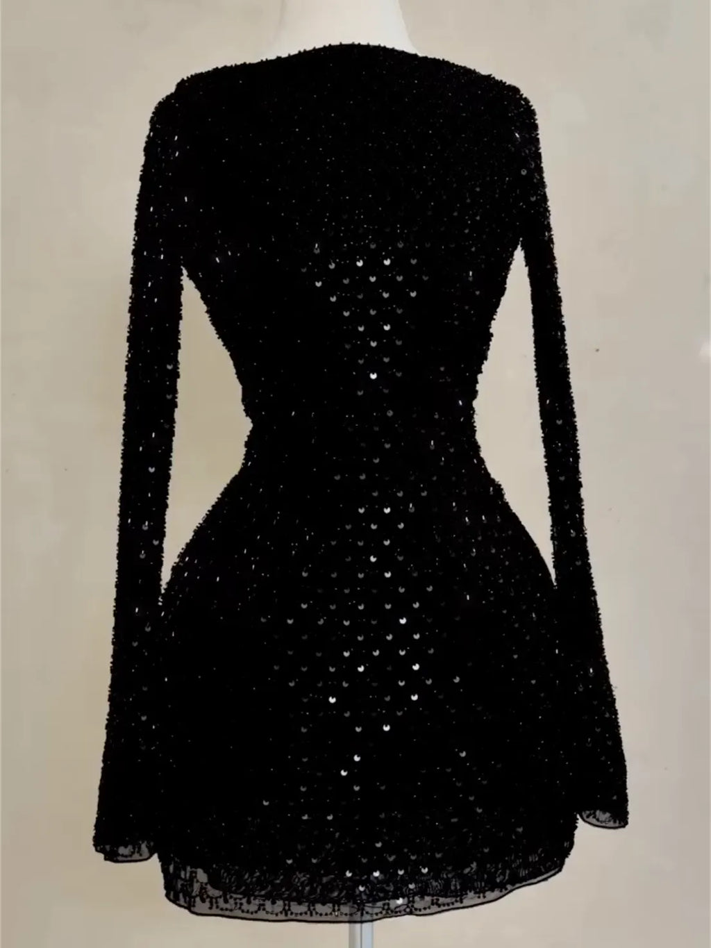 Black Long-Sleeve Sequin Mini Dress with Open Back - Formal Party Gown