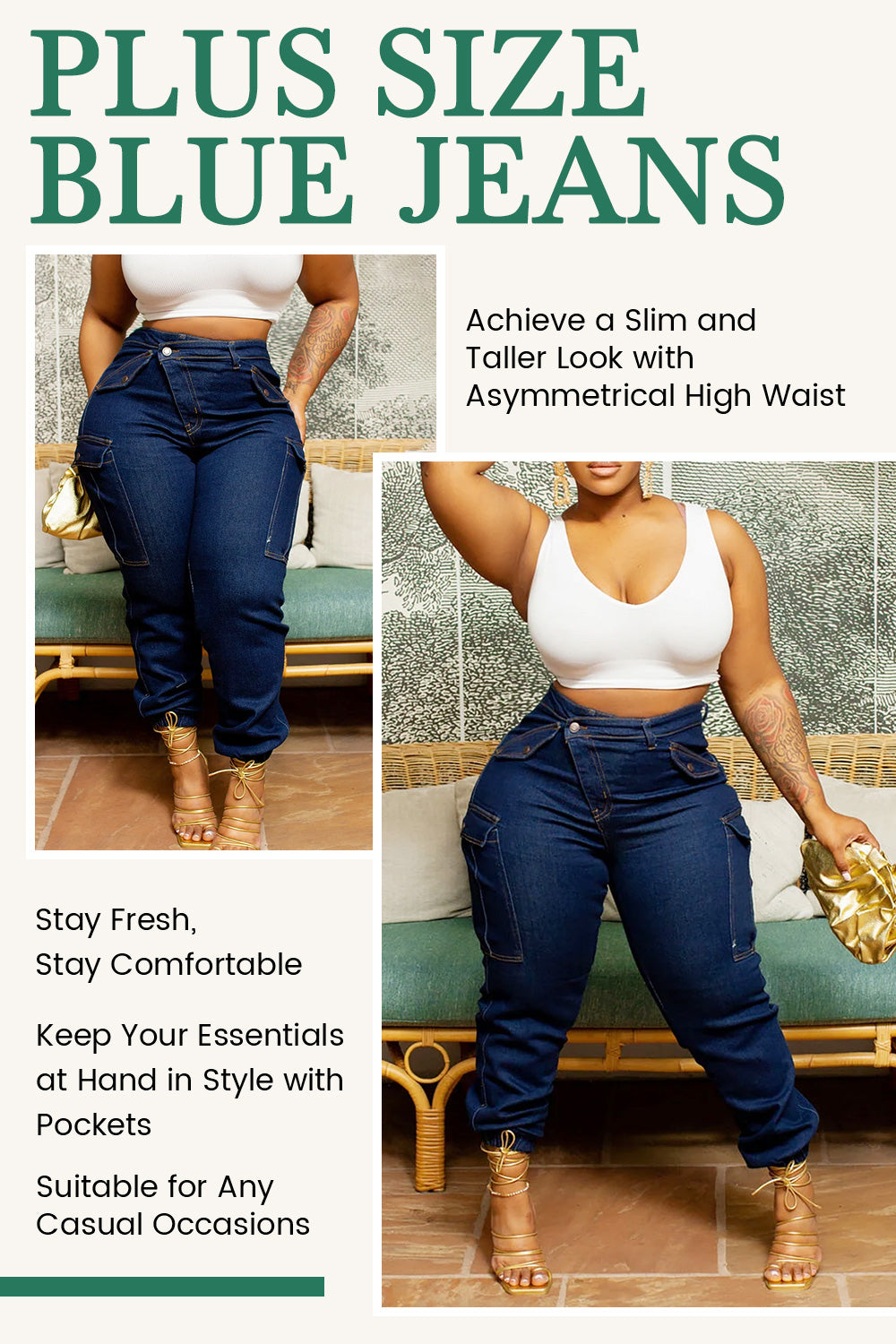 Xpluswear Plus Size Blue Daily Denim Asymmetric Waist With Pocket Cargo Jeans