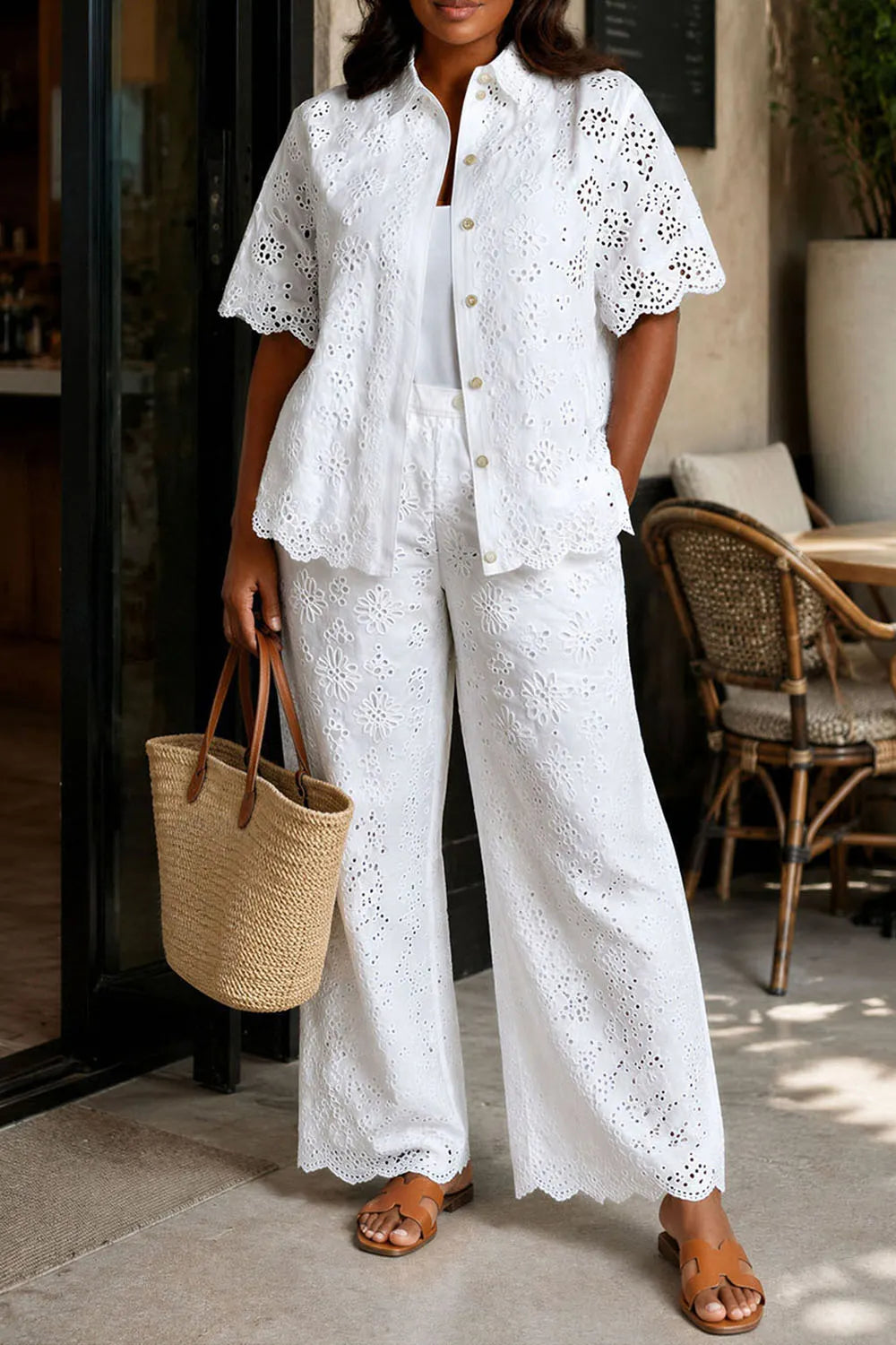 Vacation Casual White Shirt Collar Short Sleeve Pocket Two Piece Pant Sets [Pre-Order]