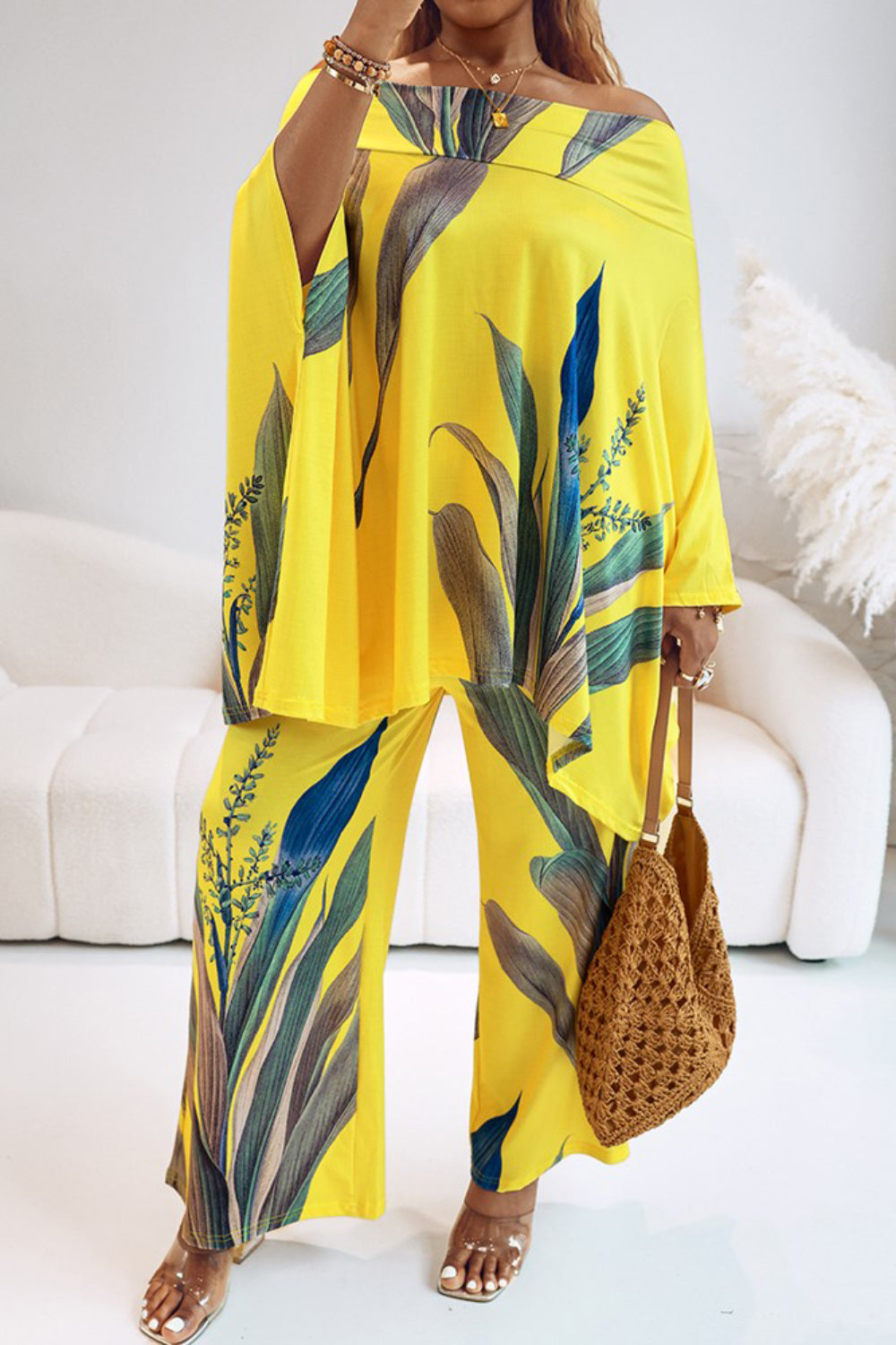 Plus Size Vacation Yellow Tropical Print Off The Shoulder Pocket Casual Two Piece Pant Sets