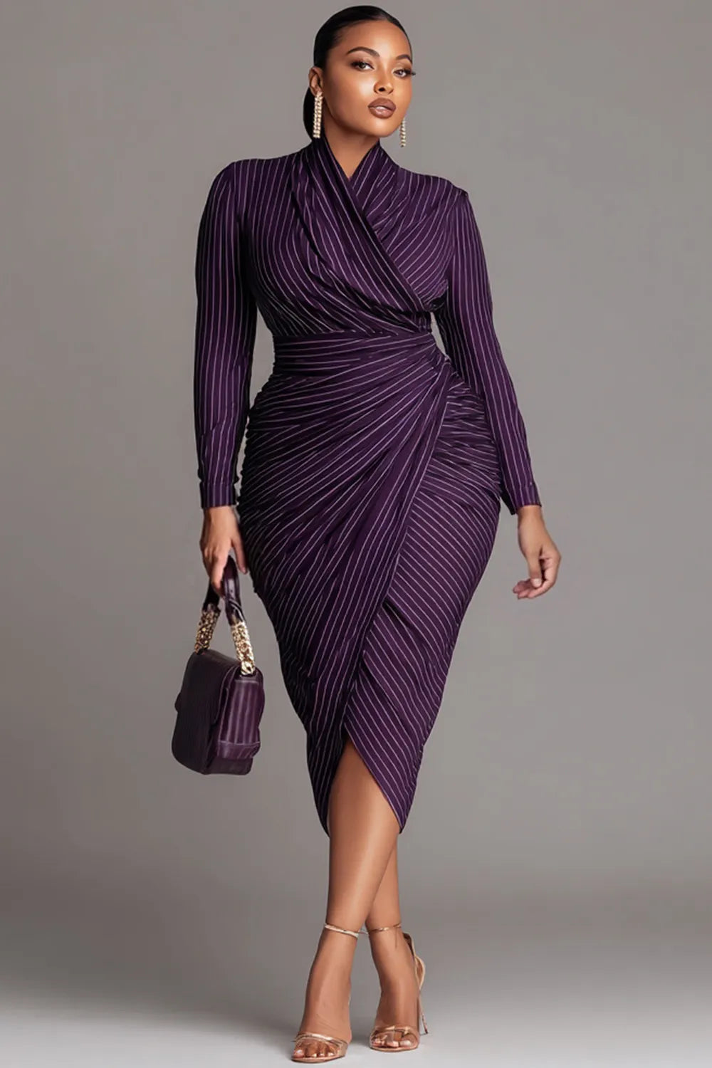 Business Casual Purple Striped Wrap Neck Long Sleeve Ruffled Elegant Midi Dresses