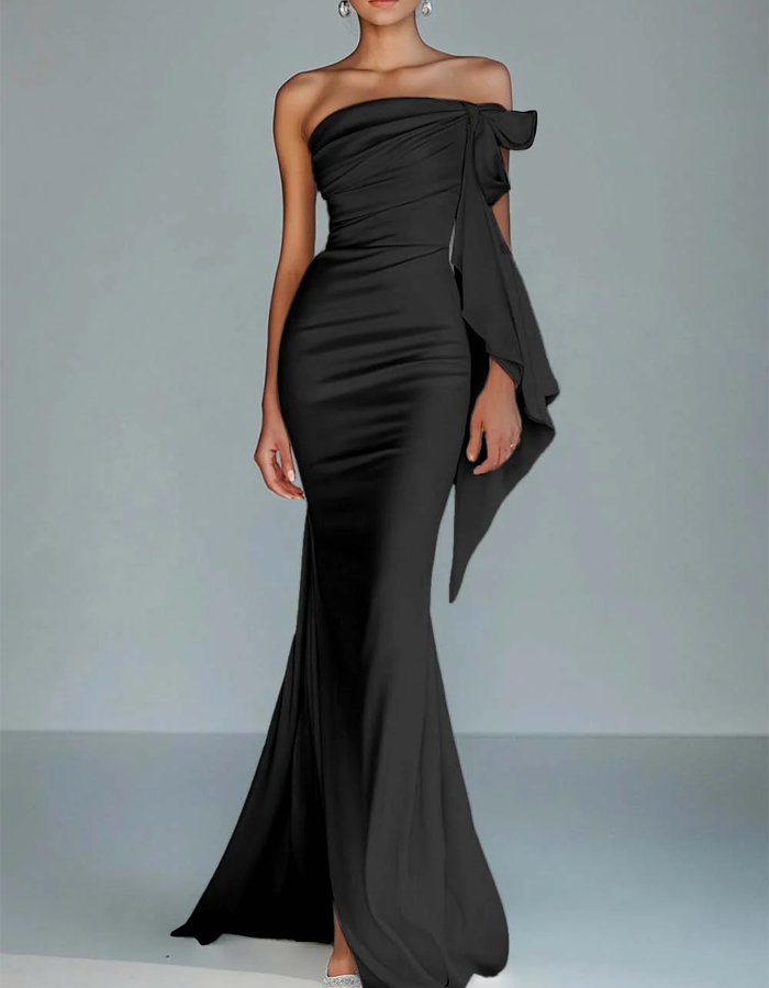 One-Shoulder Bow Satin Mermaid Maxi Dress