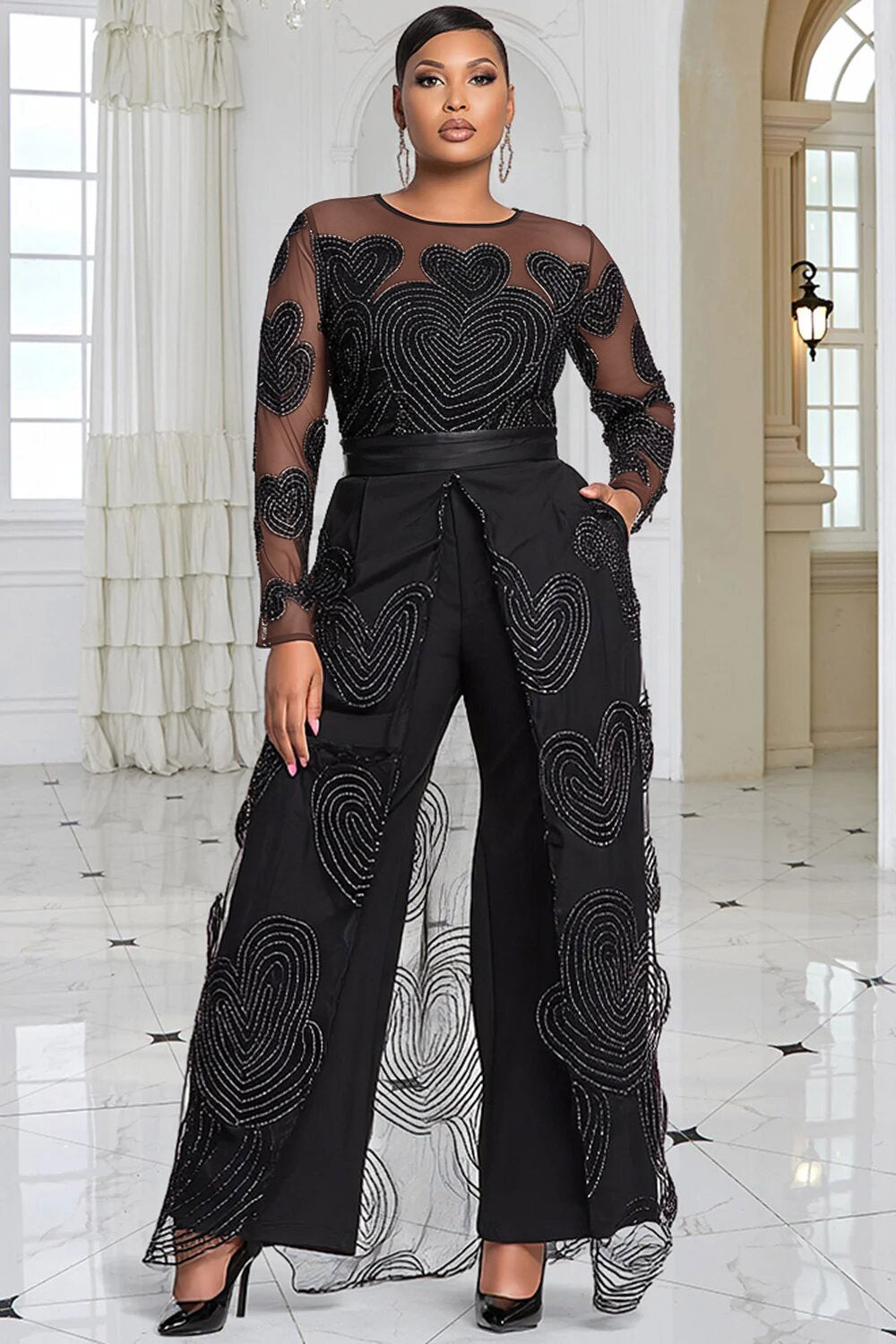 Red Round Neck Long Sleeve See Through Elegant With Skirt Overlay Jumpsuits