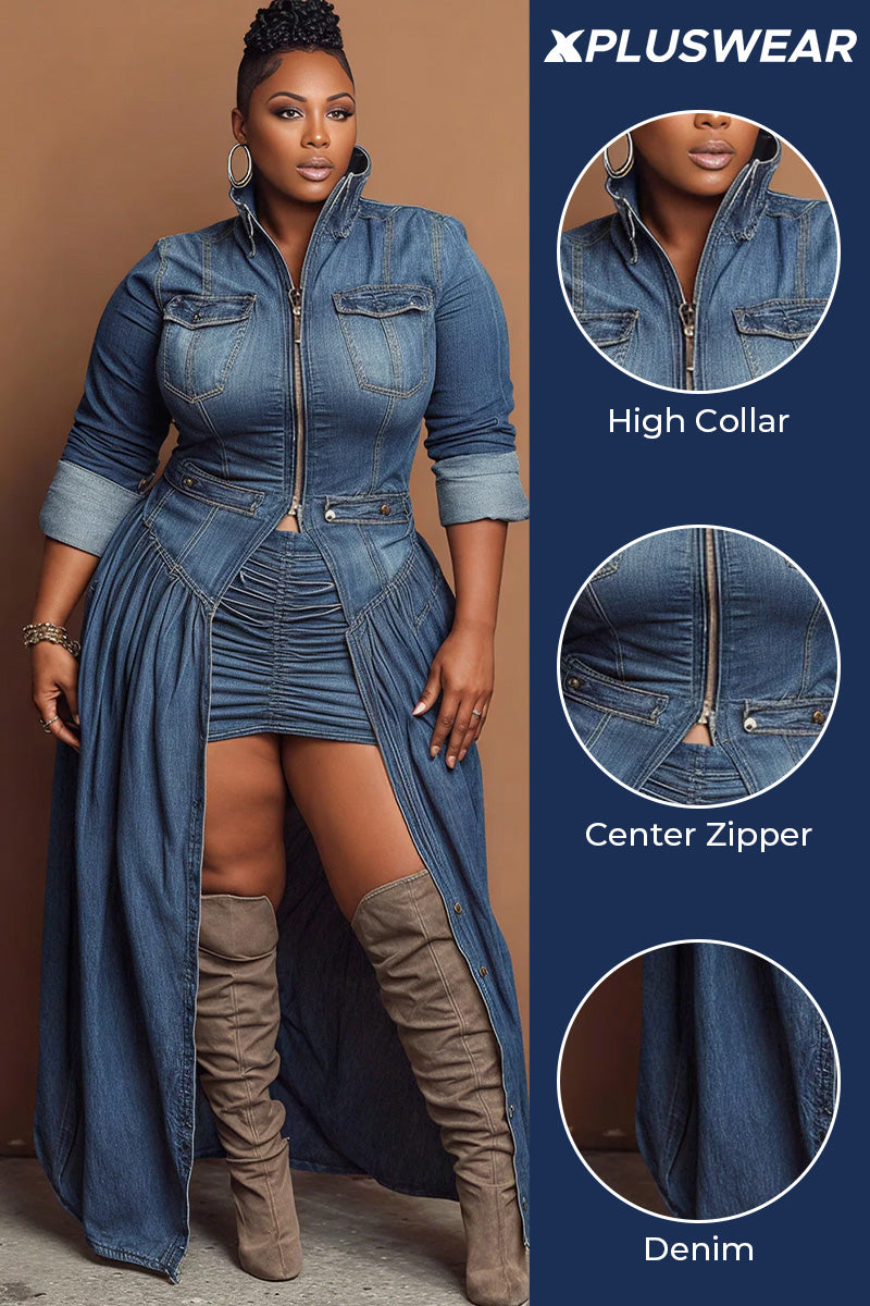 Xpluswear Design Plus Size Festival Blue High Collar Long Sleeve Split Casual Zipper Denim Coat