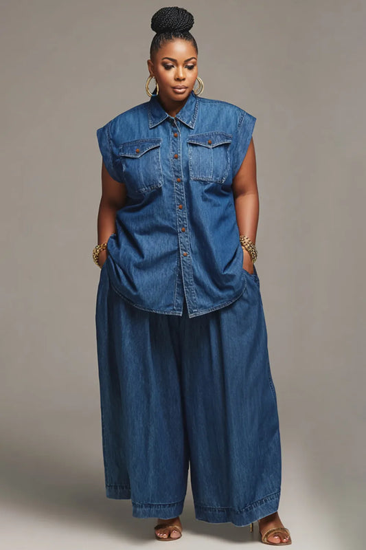 Business Casual Blue Shirt Collar Pocket Denim Two Piece Pant Sets