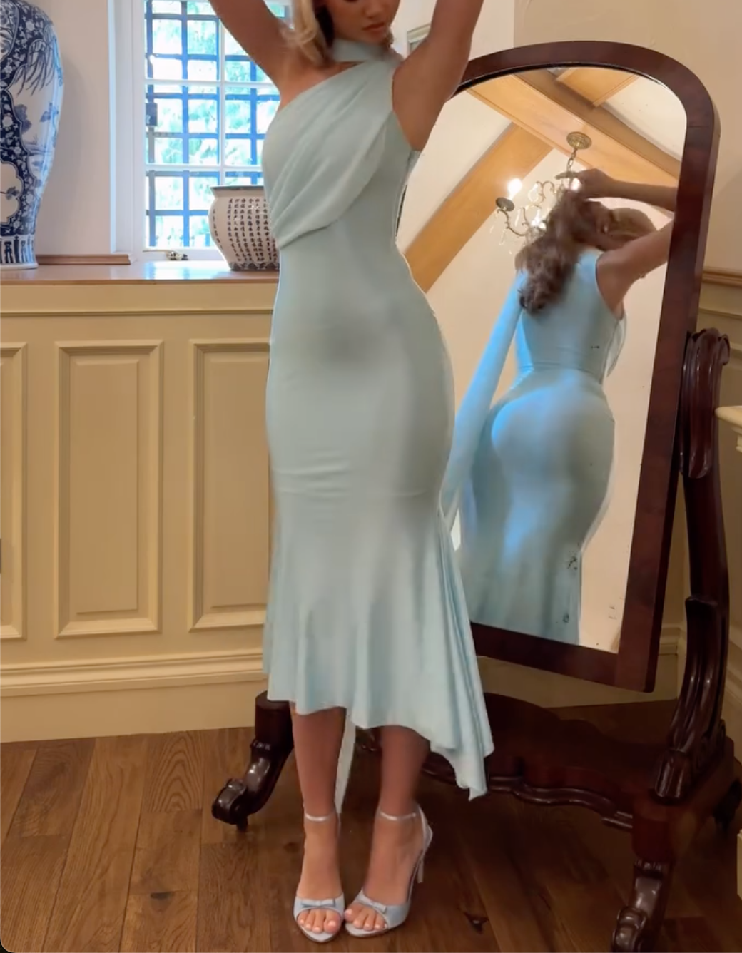 2-Color Halter Neck Midi Mermaid Dresses - White / Light Blue Formal Evening Gowns