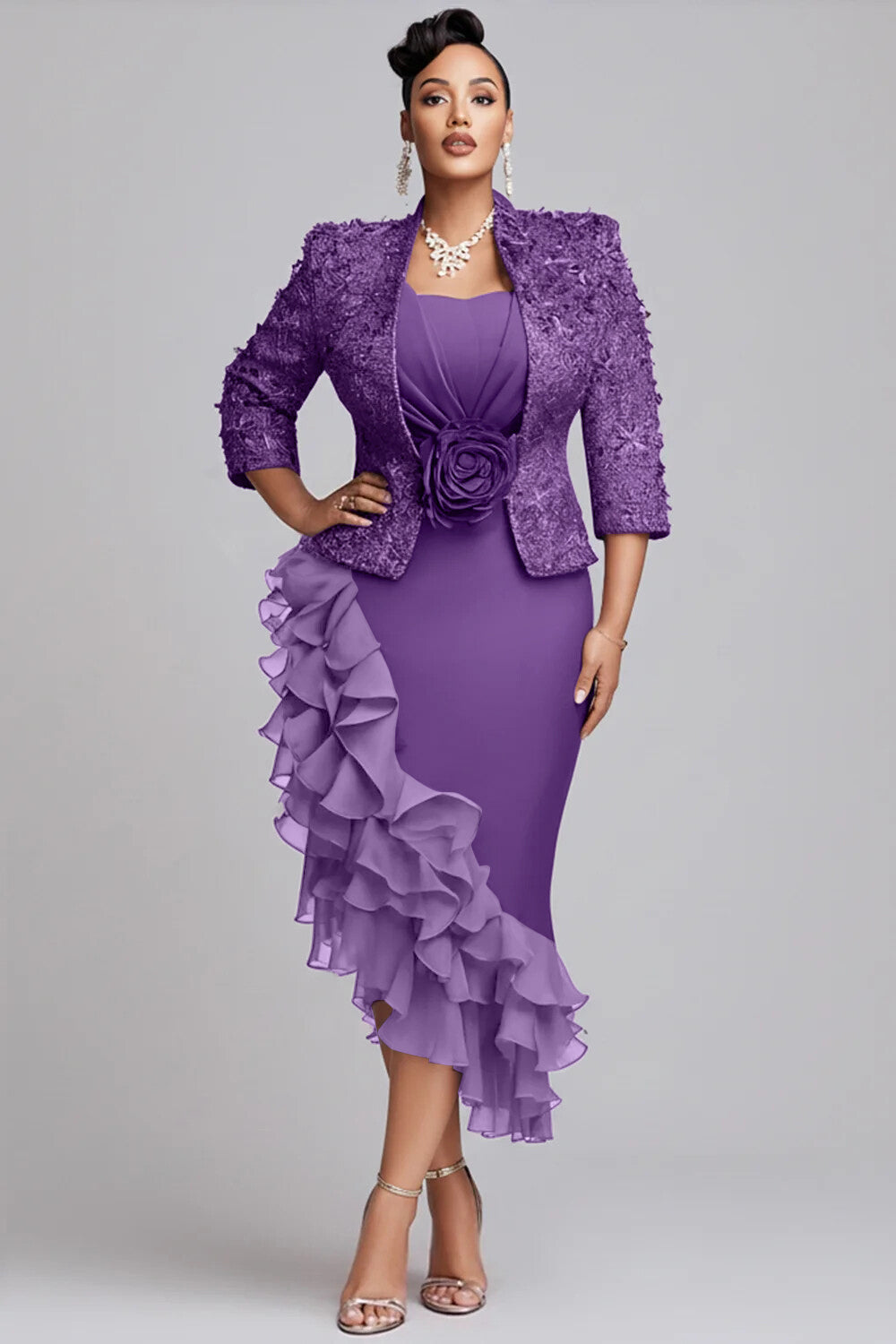 Churchs Gold 3/4 Sleeve Ruffle Elegant 3D Two Piece Dress Set