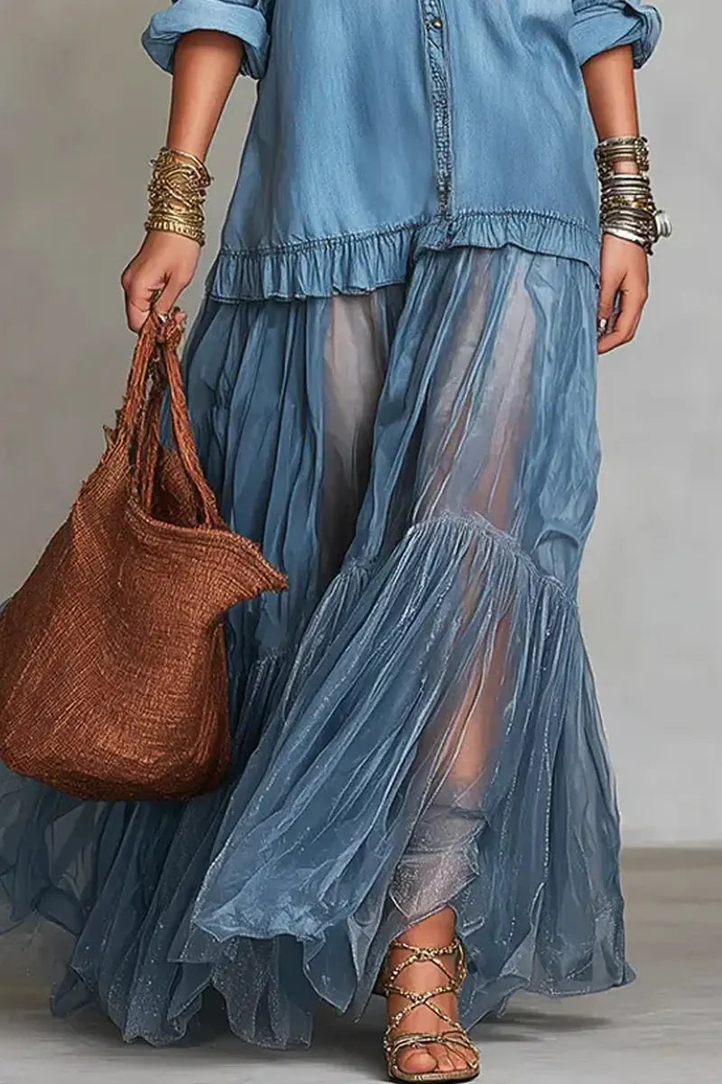 Ladies' Retro Elegant Lapel Denim Organza Patchwork Art Casual Long Dress