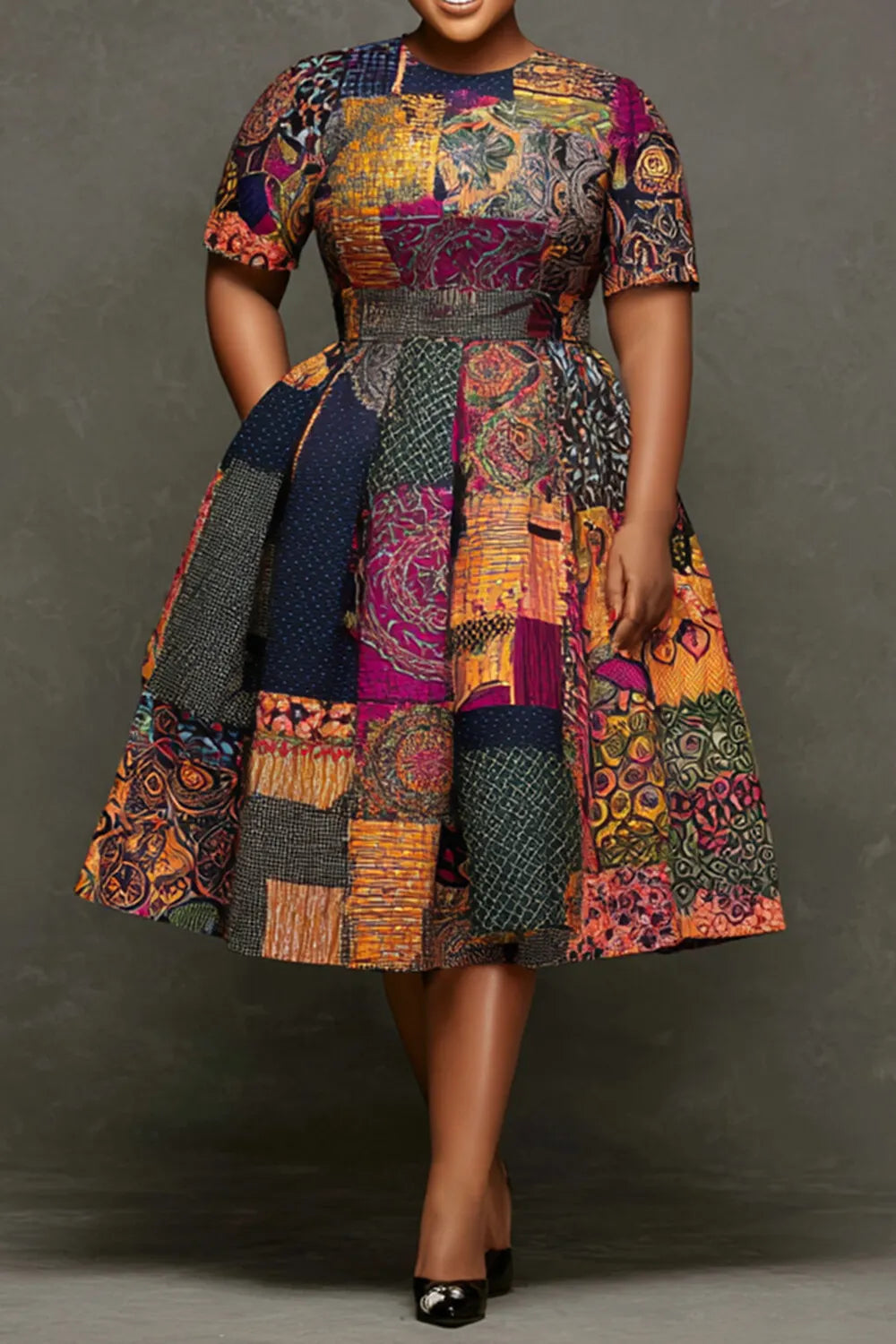 Daily Multicolor Ankara Round Neck Short Sleeve Pocket Midi Dresses