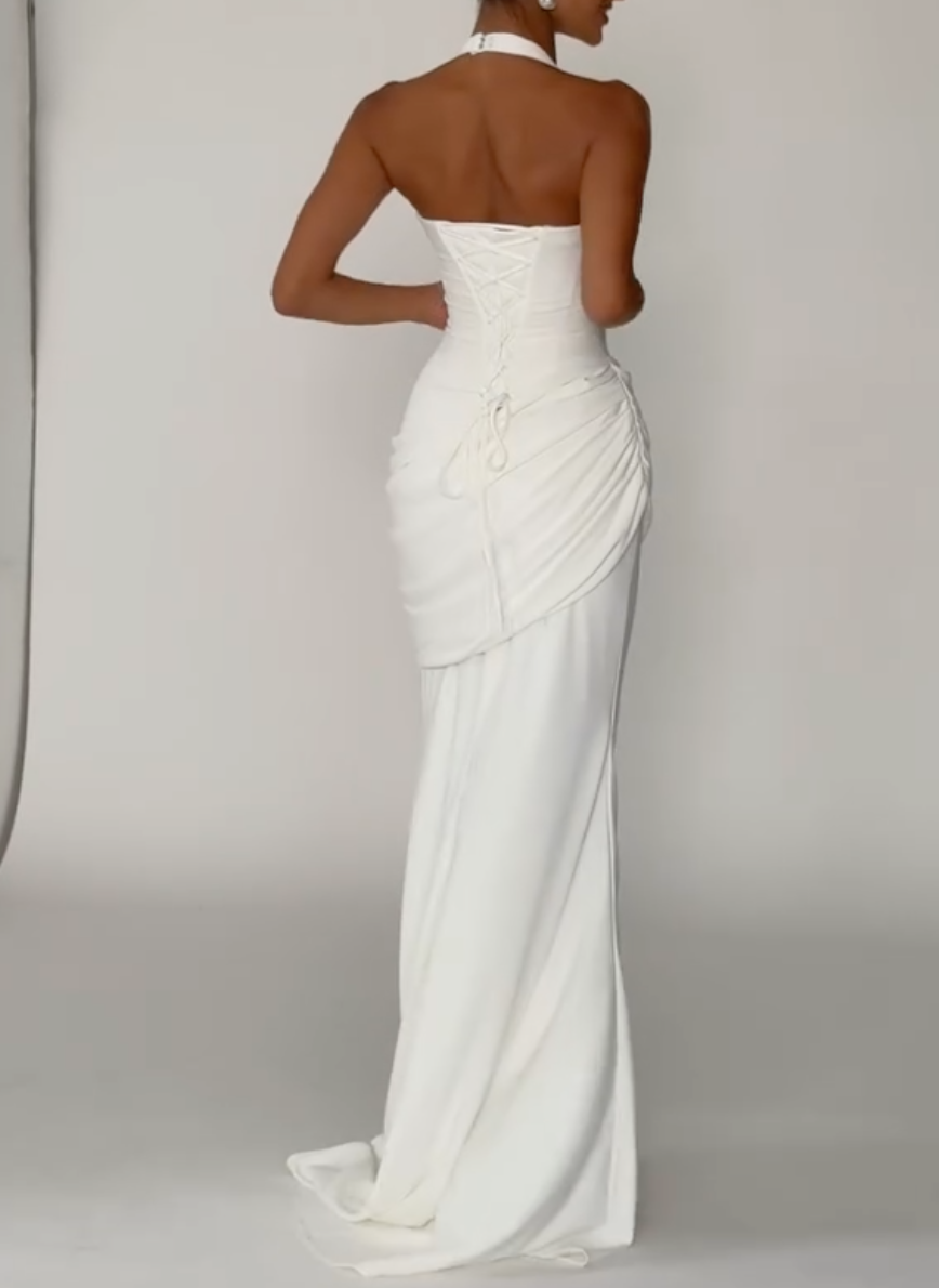 White Halter Neck Deep V Corset Lace-Up Draped Ruched Mermaid Maxi Wedding Dress