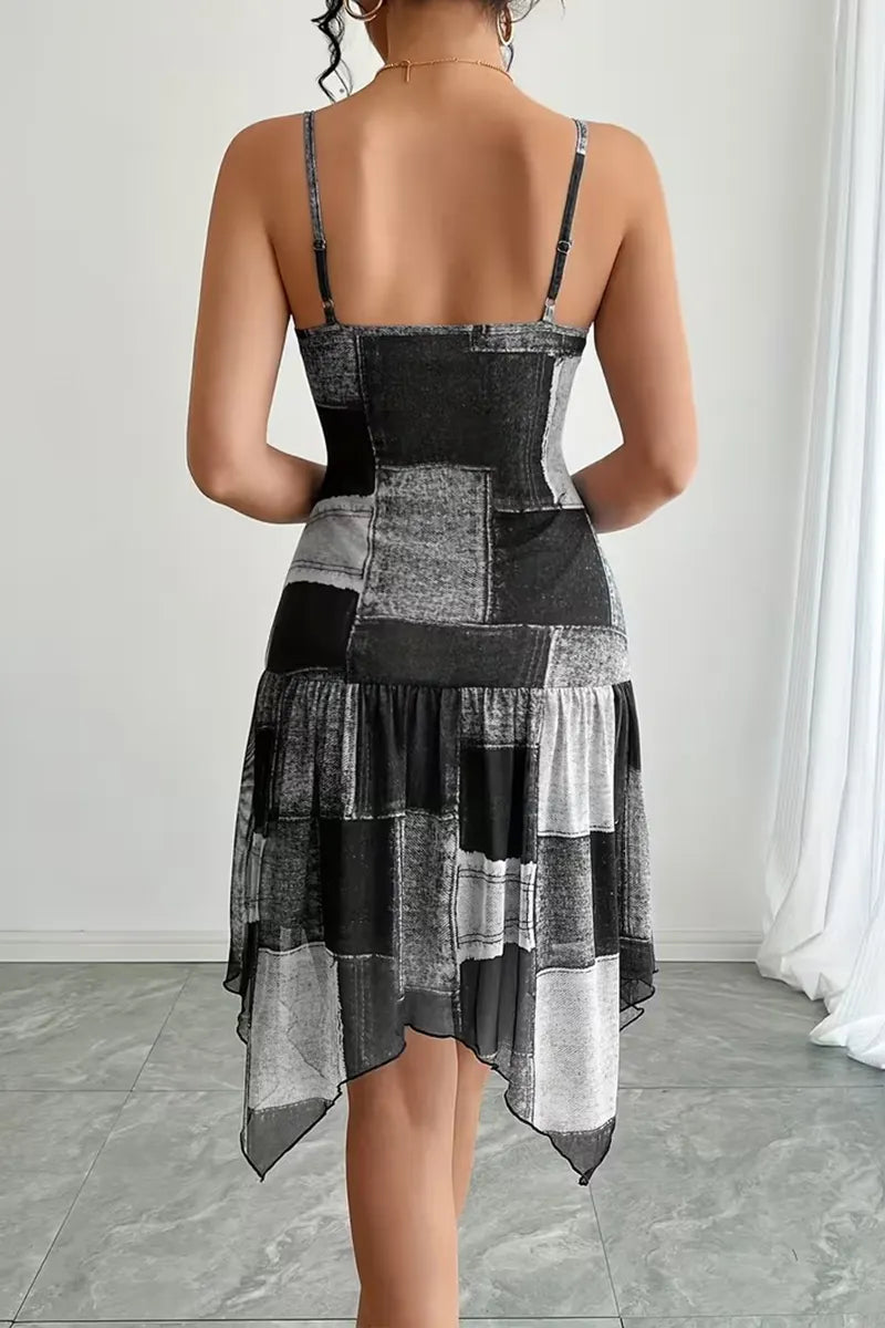 Women's Suspender Waist Cinching Patch Casual Denim Midi Dresses