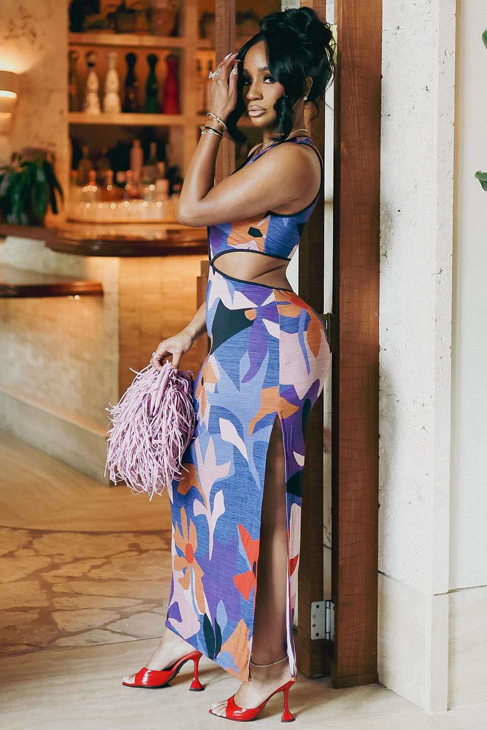 All Over Print Cut Out Slim Fit Vacation Maxi Dresses-Multicolor [Pre Order]