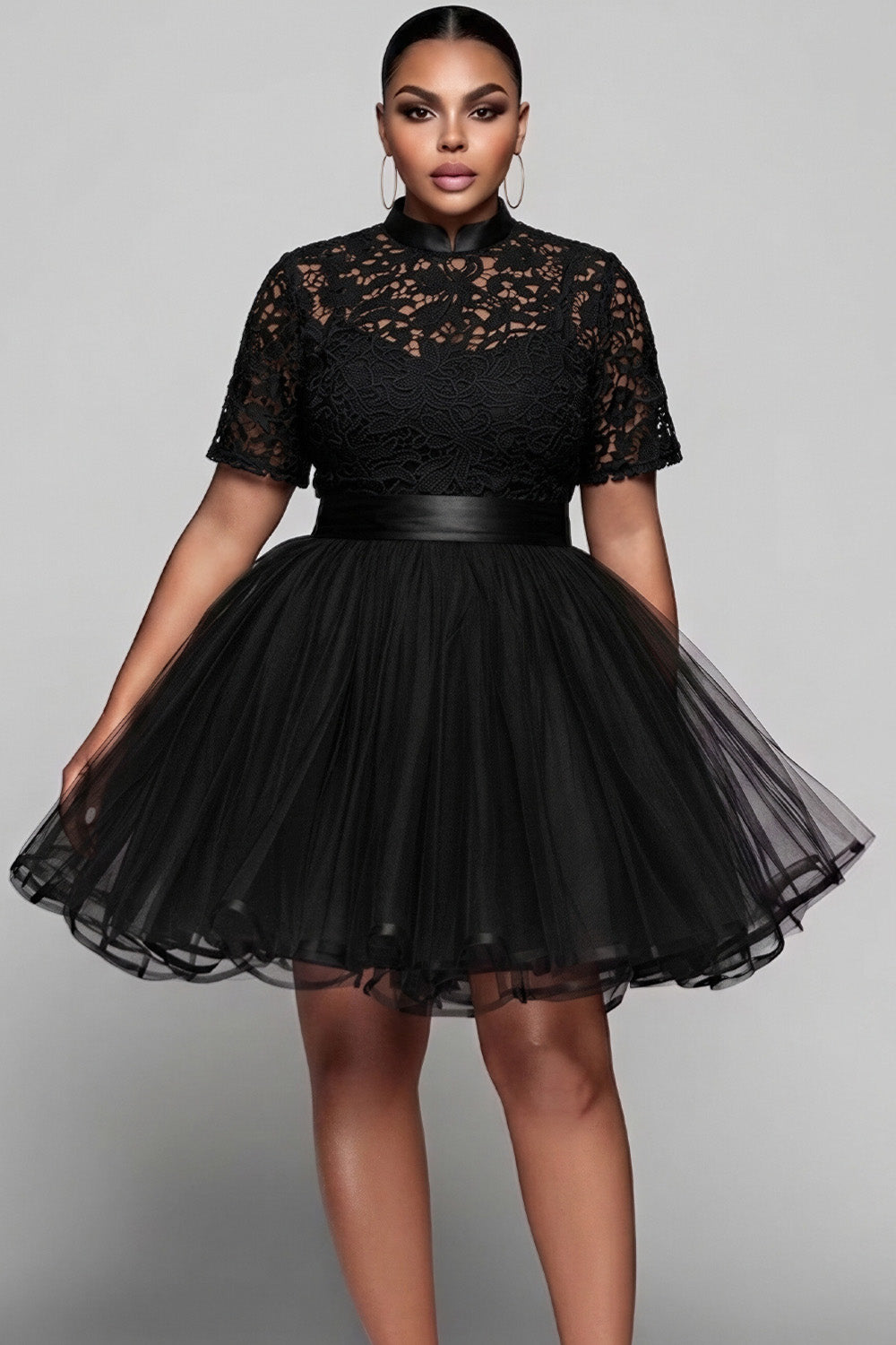 Party Tulle Black Mandarin Collar Short Sleeve See Through Contrast Lace Mini Dresses