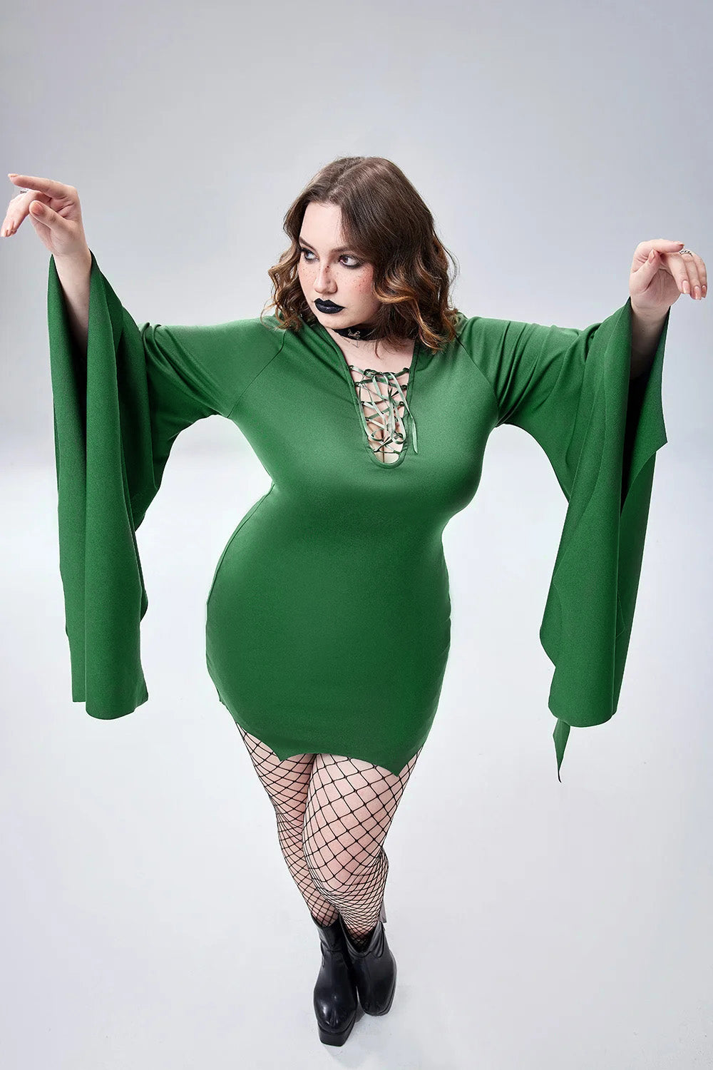 Halloween Costume Green Bats Lace Up Trumpet Sleeve Mini Dress(Ships 24h)
